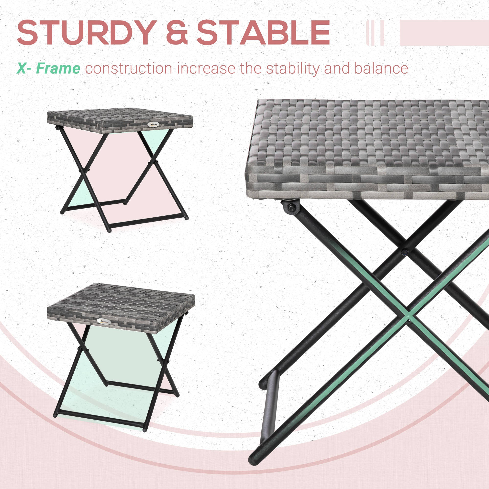 Kozy Square PE Wicker Rattan Folding Table,Weather Resistant Wicker Weave Side Table with Steel Frame, Grey