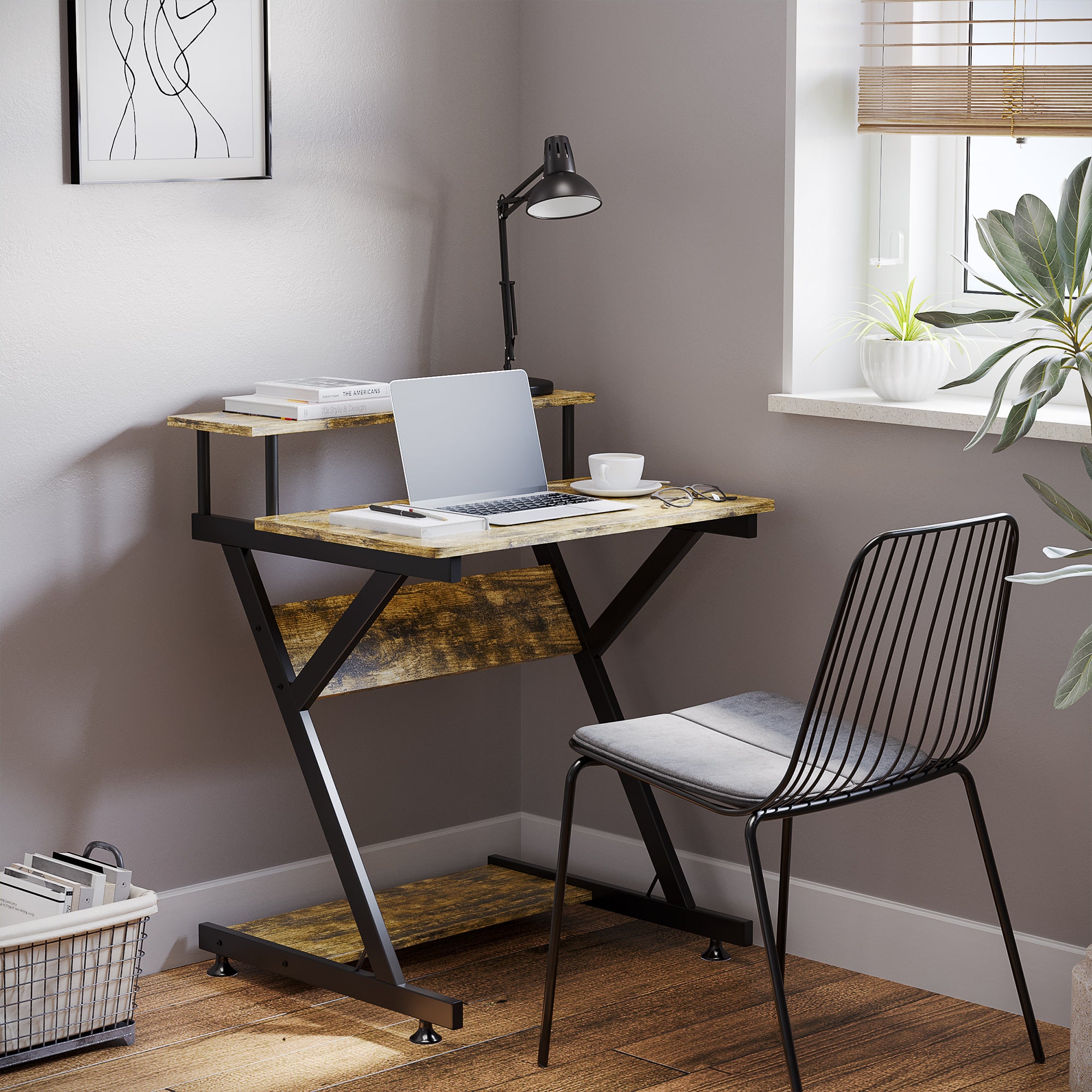 Kozy Industrial Computer Desk with Monitor Stand, 70 x 60cm Compact Desk for Small Spaces, Home Office Desk, Rustic Brown