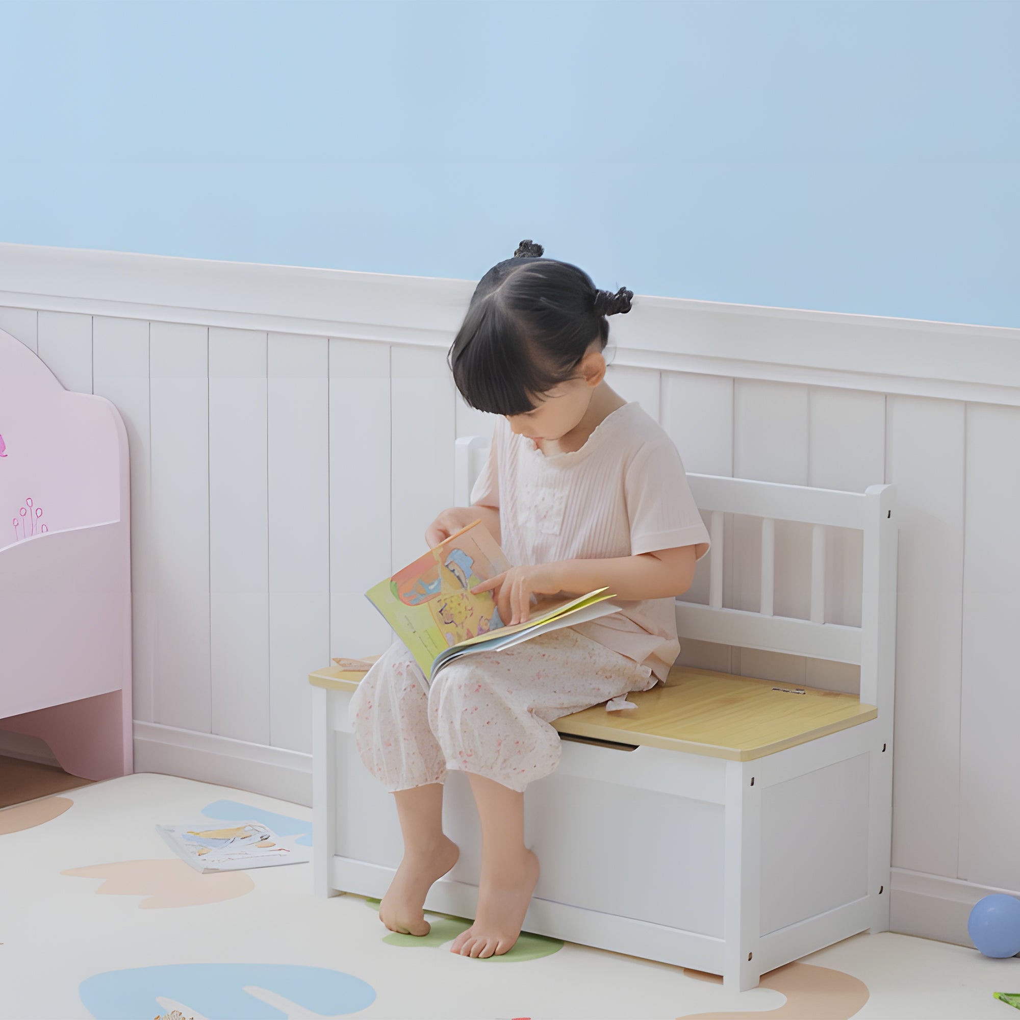 Kozy 2 In 1 Wooden Toy Box, Seat Storage Bench, Storage Chest Cabinet Organiser, with Safety Pneumatic Rod