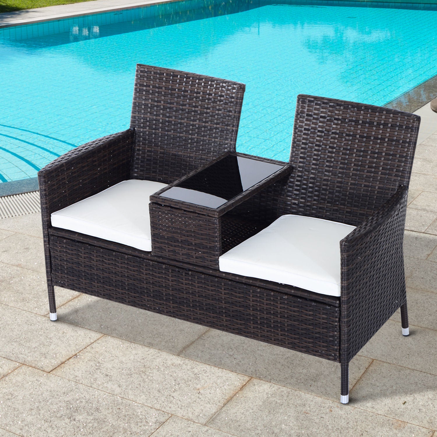 Kozy 2-Seater Rattan Chair Furniture Set W/ Middle Tea Table-Brown
