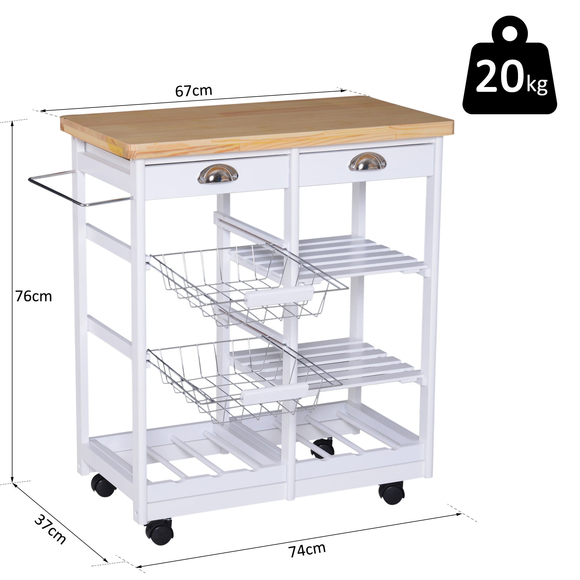 HOMCOM Rolling Kitchen Island Trolley Cart Drawer Shelves Basket Wheels W/  6 Bottle Wine Rack White