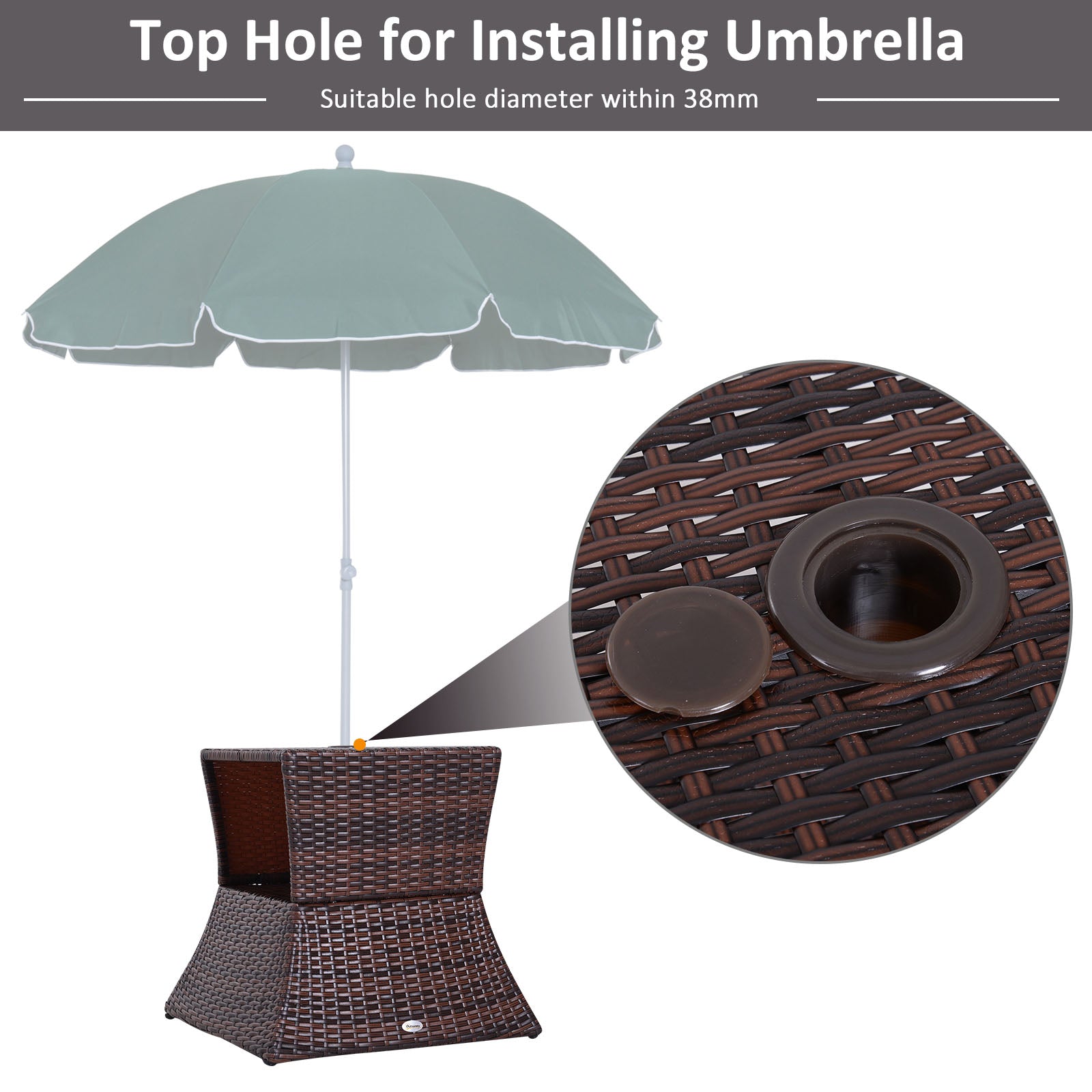 Outsunny Outdoor Patio Rattan Wicker Coffee Table Bistro Side Table w/ Umbrella Hole and Storage Space, Brown