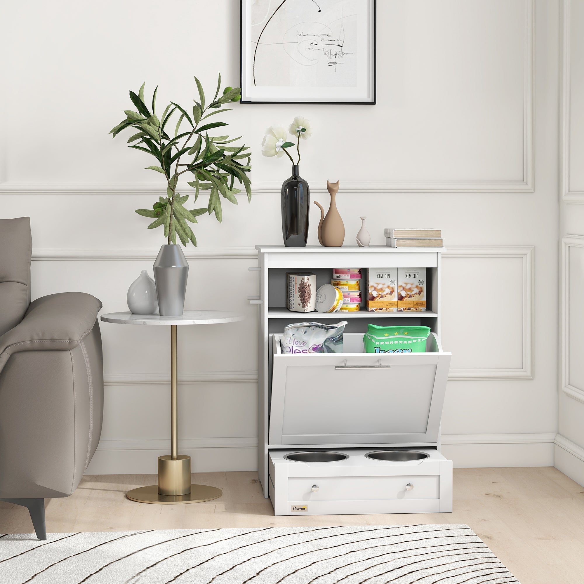 Kozy Pet Feeder Station, Dog, Cat Storage Container, with Raised Bowls, Hanger, Cabinet - White