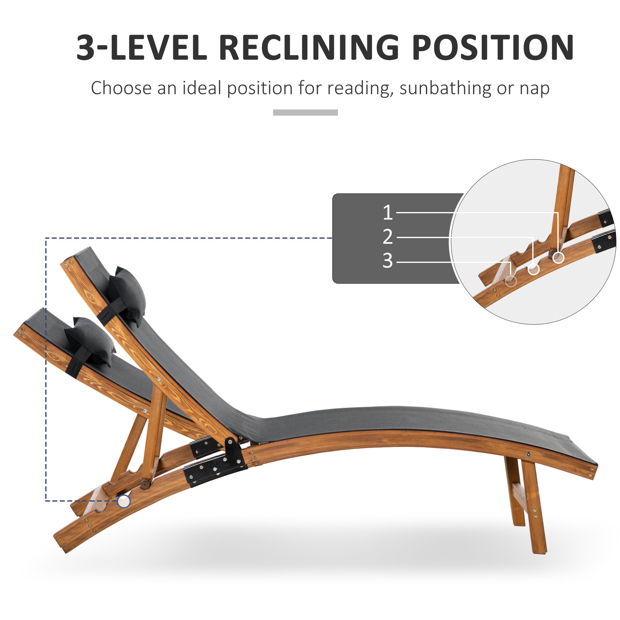 Kozy Ergonomic Patio Lounge Chair Wooden Outdoor Chaise w/ 3 Adjustable Back and Removable Headrest Pillow for Garden Black