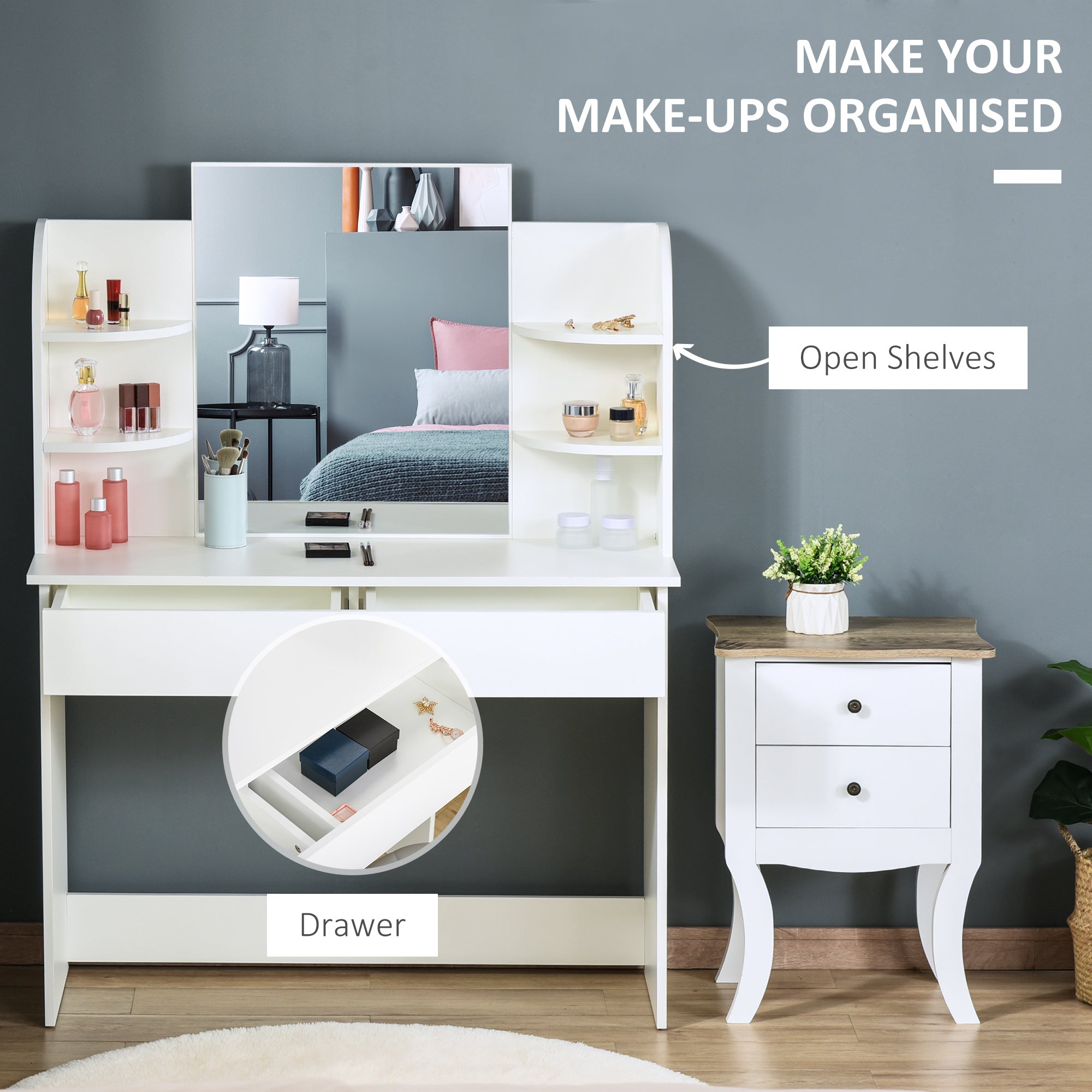 Kozy Modern Dressing Table Writing Desk W/ Mirror, Big Drawers, 2-Tier Open Shelf For Home Bedroom White