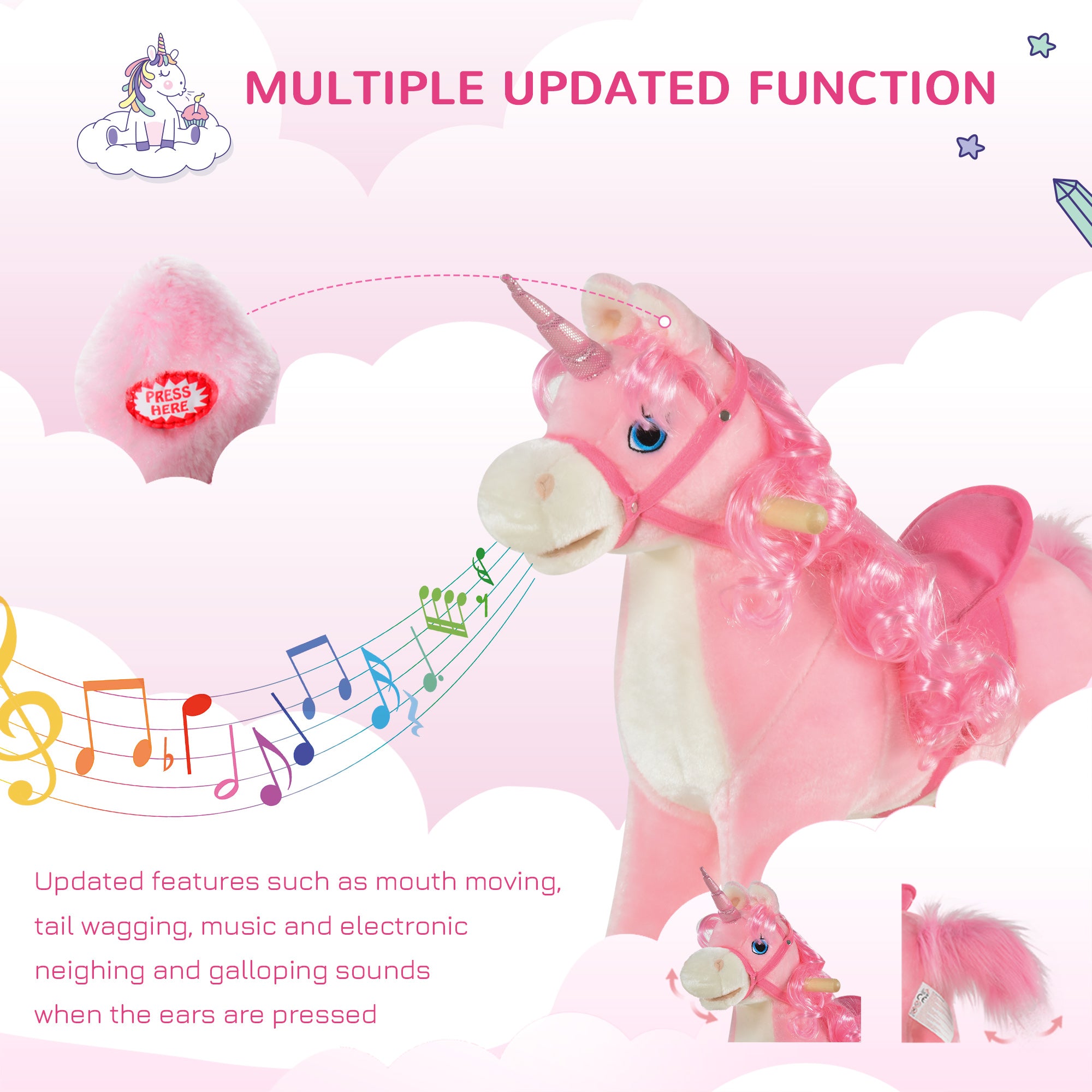 HOMCOM Unicorn Rocking Horse for Kids, Plush Ride On with Sound Effects, Soft, Pink