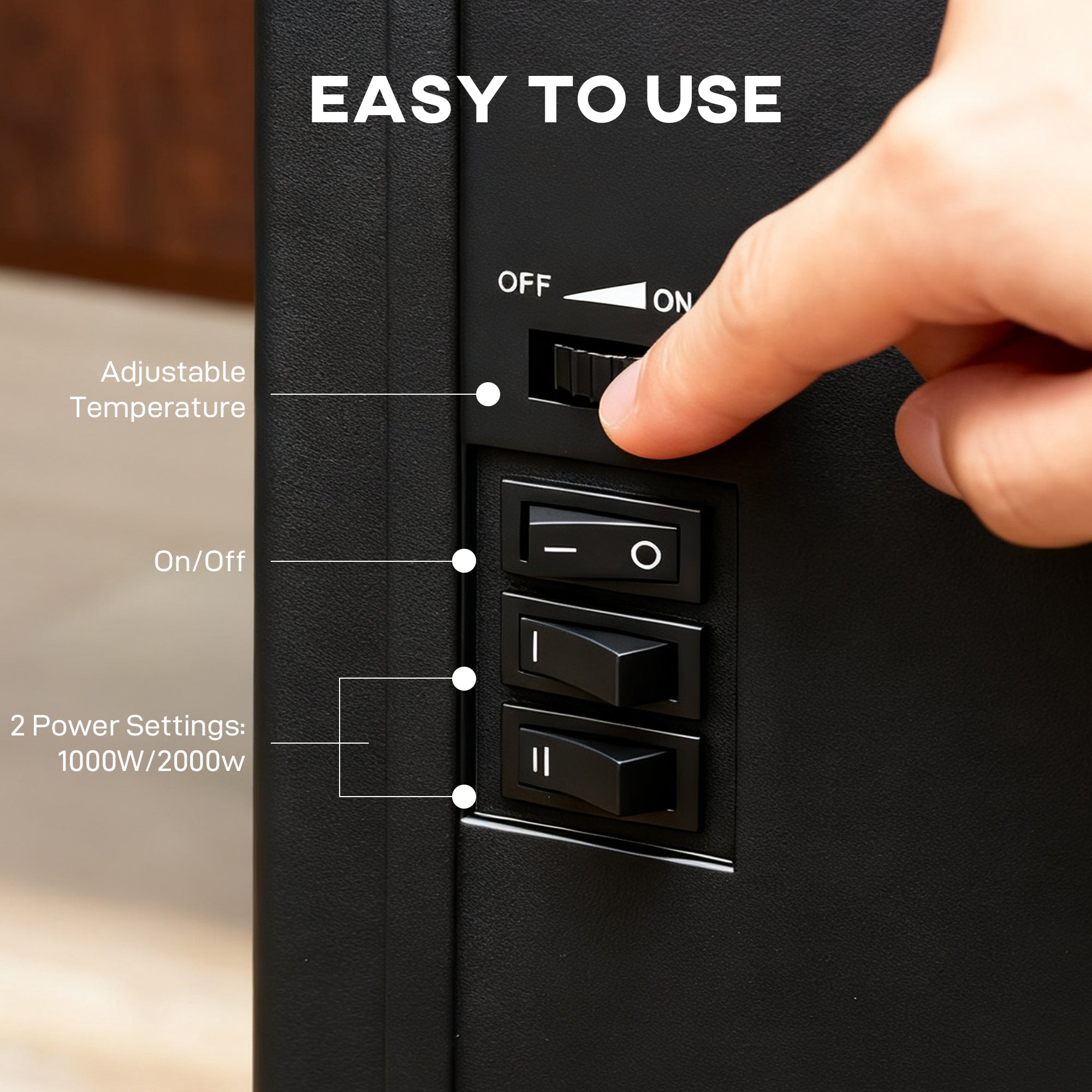 Kozy - Electric Fireplace Stove Heater with 3D Flame Effect, 2000W/1000W, Freestanding Portable Fireplace with Adjustable Thermostat, 2 Heat Settings for Living Room, Black