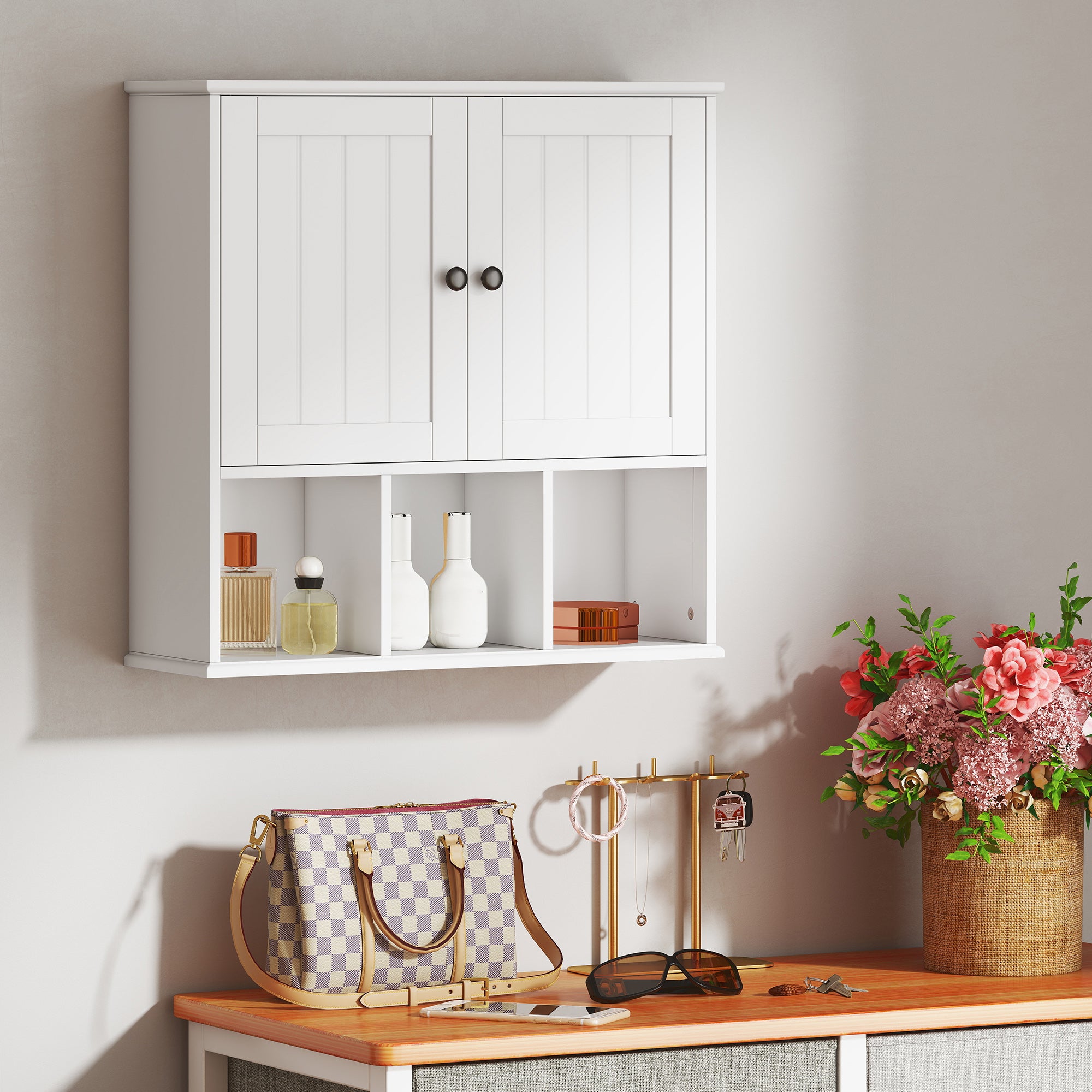 Kozy Farmhouse Bathroom Wall Cabinet, Wall Mounted Medicine Cabinet with Adjustable Shelf, Open Compartments, White