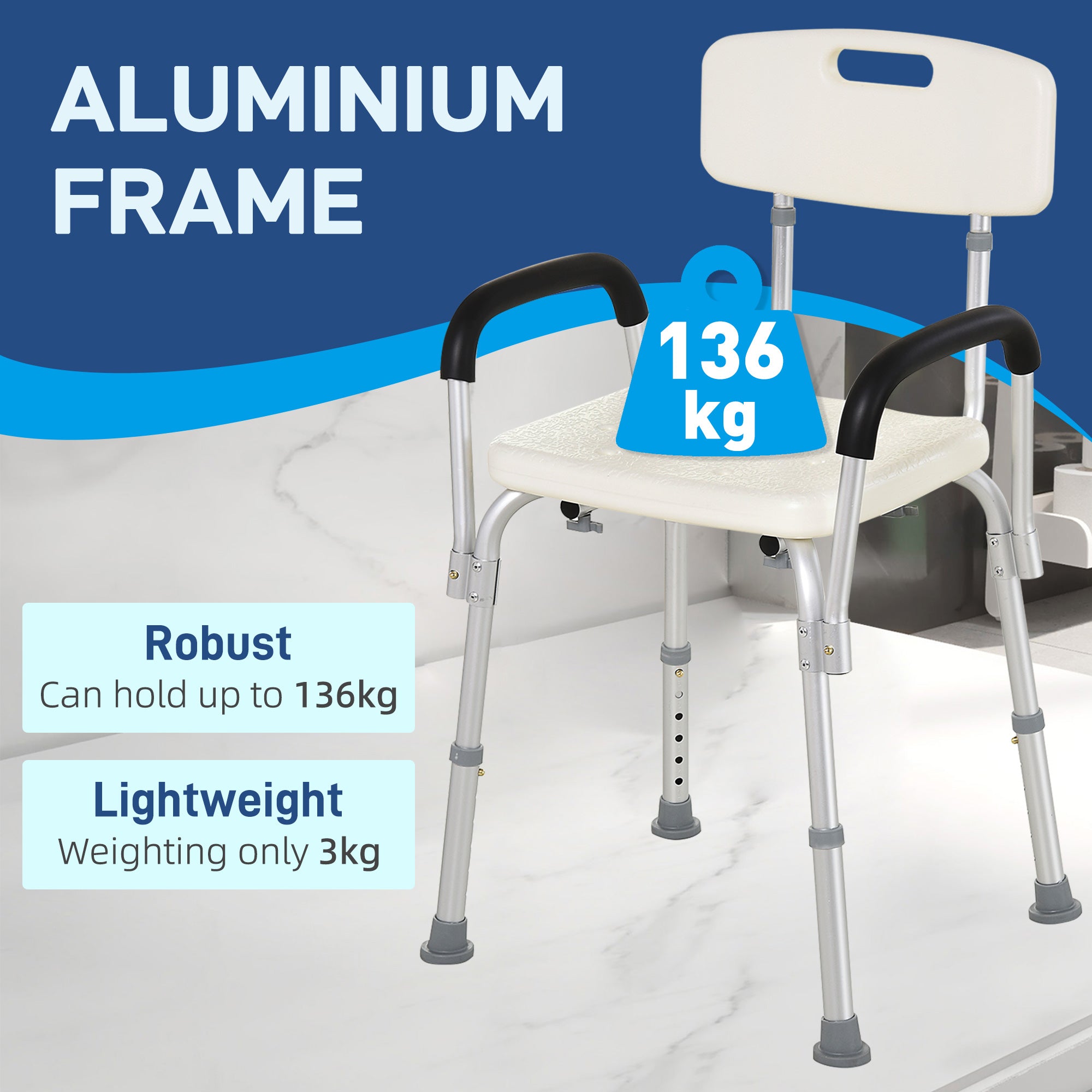 HOMCOM Portable Shower Chair, Adjustable Medical Stool, with Back and Armrest for Enhanced Mobility, White.