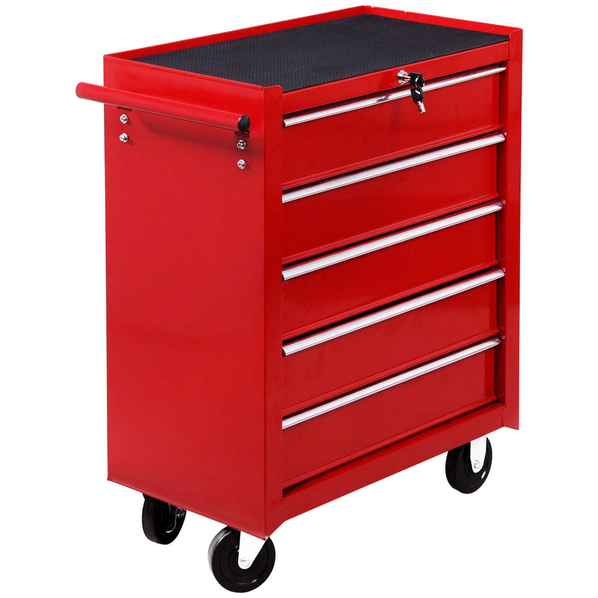 Kozy 5 Drawer Tool Box on Wheels, Lockable Steel Tool Cabinet with Side Handle, Red