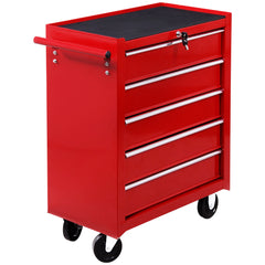 Kozy 5 Drawer Tool Box on Wheels, Lockable Steel Tool Cabinet with Side Handle, Red