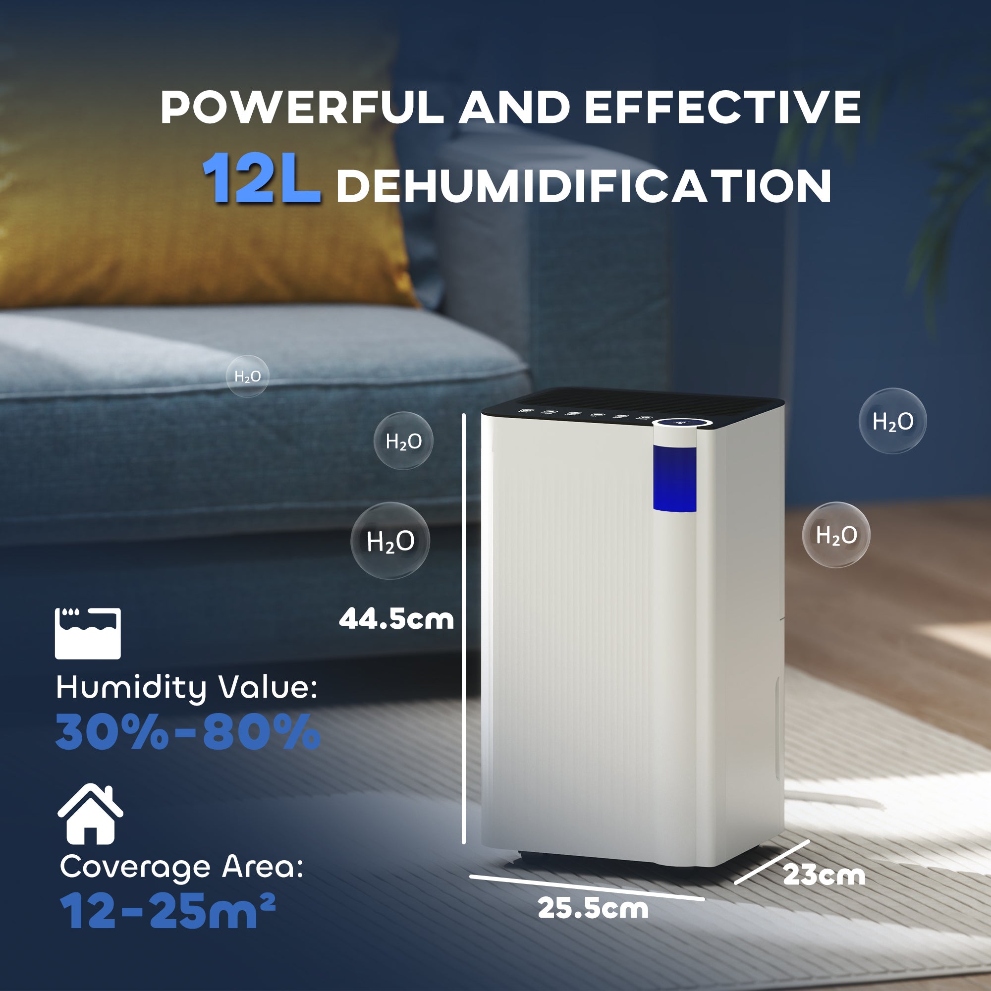 Kozy - 12L/Day Dehumidifier with Continuous Drainage, 2L Water Tank, 24H Timer, Digital Humidity Display, Filter, Auto Defrost, Children Lock, for Bedroom, Dehumidifier for Home Damp, Laundry Drying