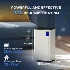 Kozy - 12L/Day Dehumidifier with Continuous Drainage, 2L Water Tank, 24H Timer, Digital Humidity Display, Filter, Auto Defrost, Children Lock, for Bedroom, Dehumidifier for Home Damp, Laundry Drying