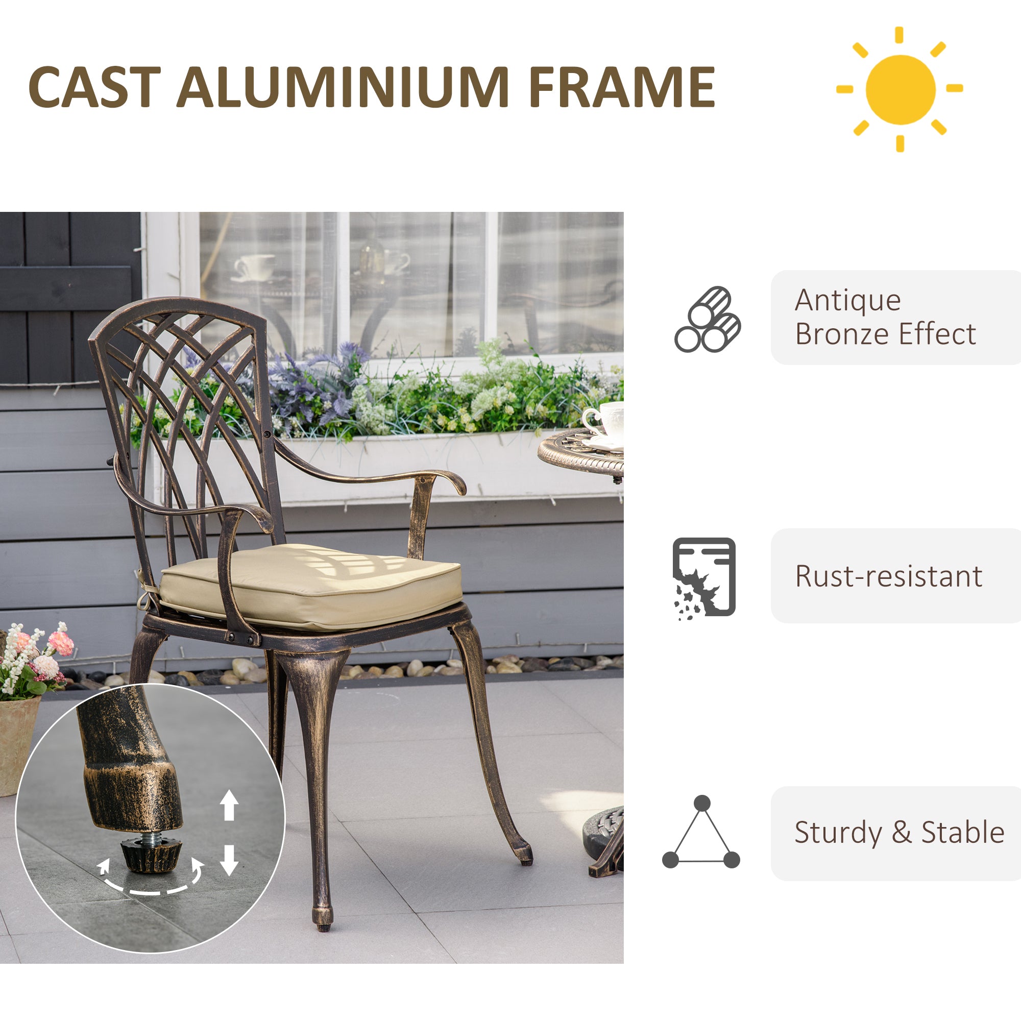 Kozy 3pc Cast Aluminium Garden Bistro Set for 2 with Parasol Hole, Outdoor Coffee Table Set Rust Resistant with Cushions, Bronze