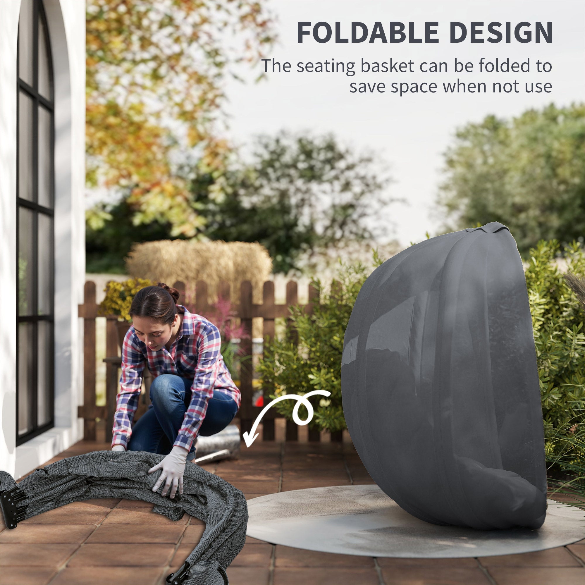 Kozy Hanging Egg Chair, Folding Texteline Swing Hammock with Side Pocket, Cushion and Stand for Indoor Outdoor, Patio Garden Furniture, Grey