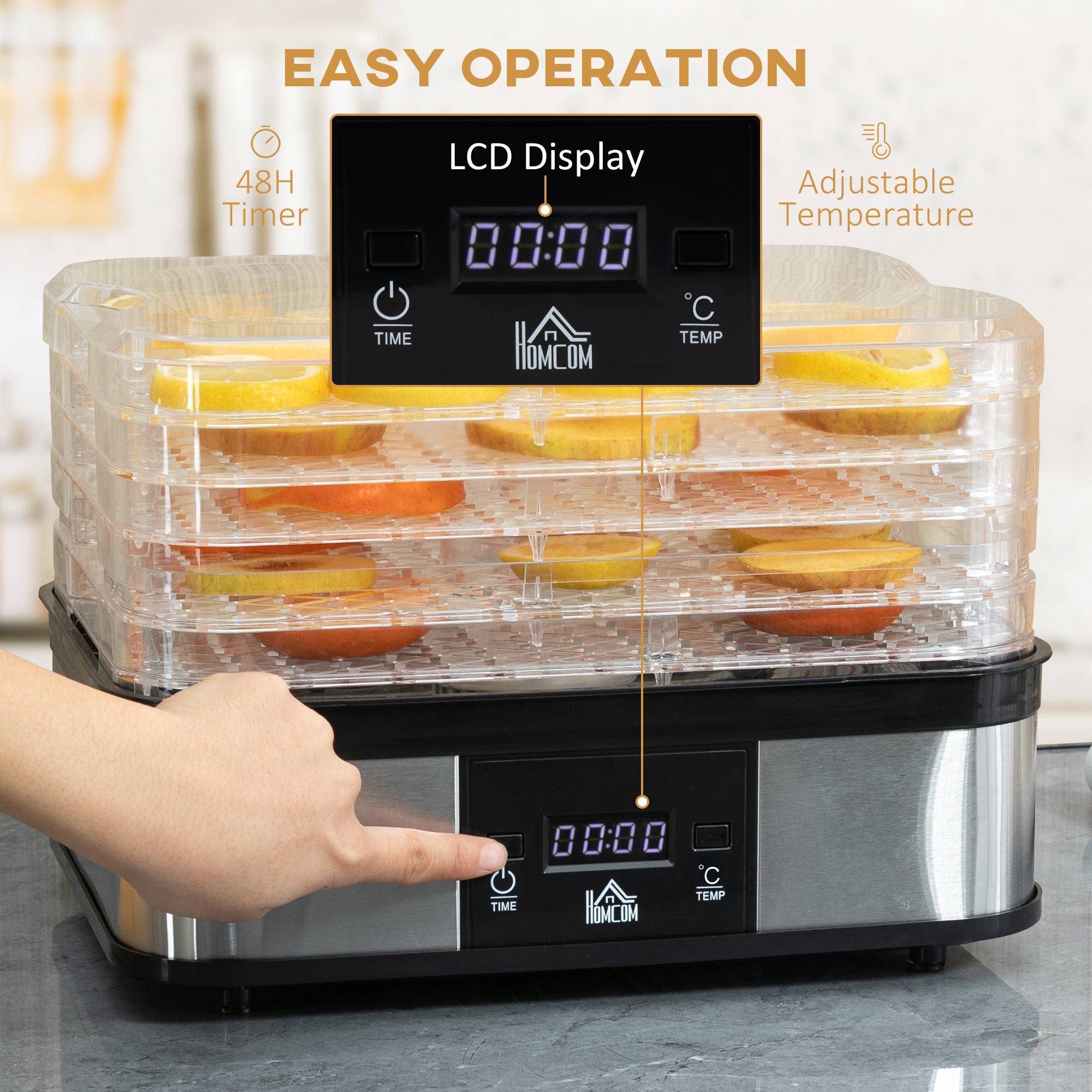 Kozy 5 Tier Food Dehydrator, 245W Stainless Steel Food Dryer Machine with Adjustable Temperature, Timer and LCD Display for Drying Fruit, Meat, Vegetable, Jerky and Pet Treat, Black