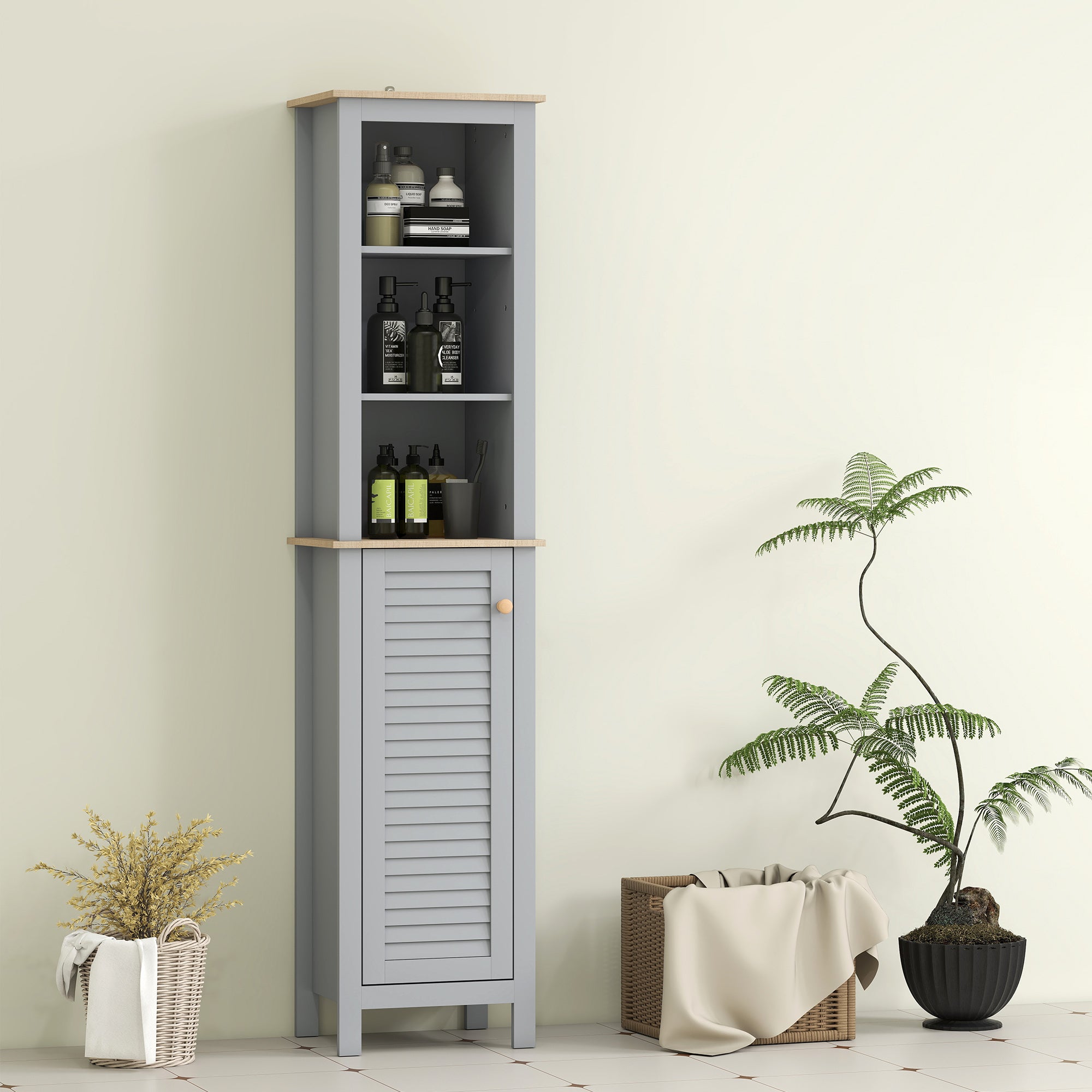 Kozy Bathroom Floor Storage Cabinet with 3 Tier Shelf and Cupboard with Door, Free Standing Linen Tower, Tall Slim Side Organizer Shelves, Grey