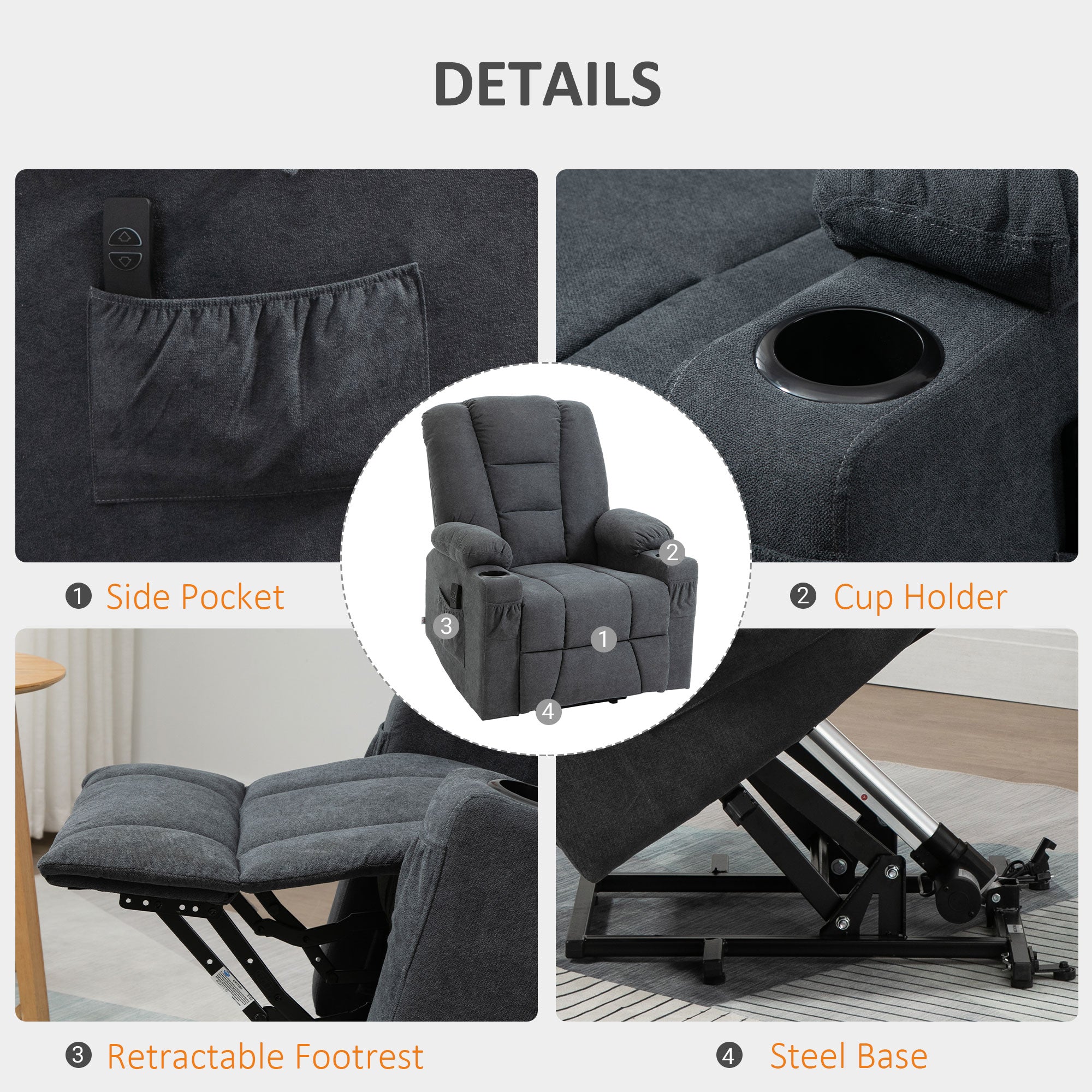 Kozy Electric Riser Recliner Armchair， Oversized Chair with Cup Holder & Side Pockets for Elderly in Living Room, Charcoal Grey