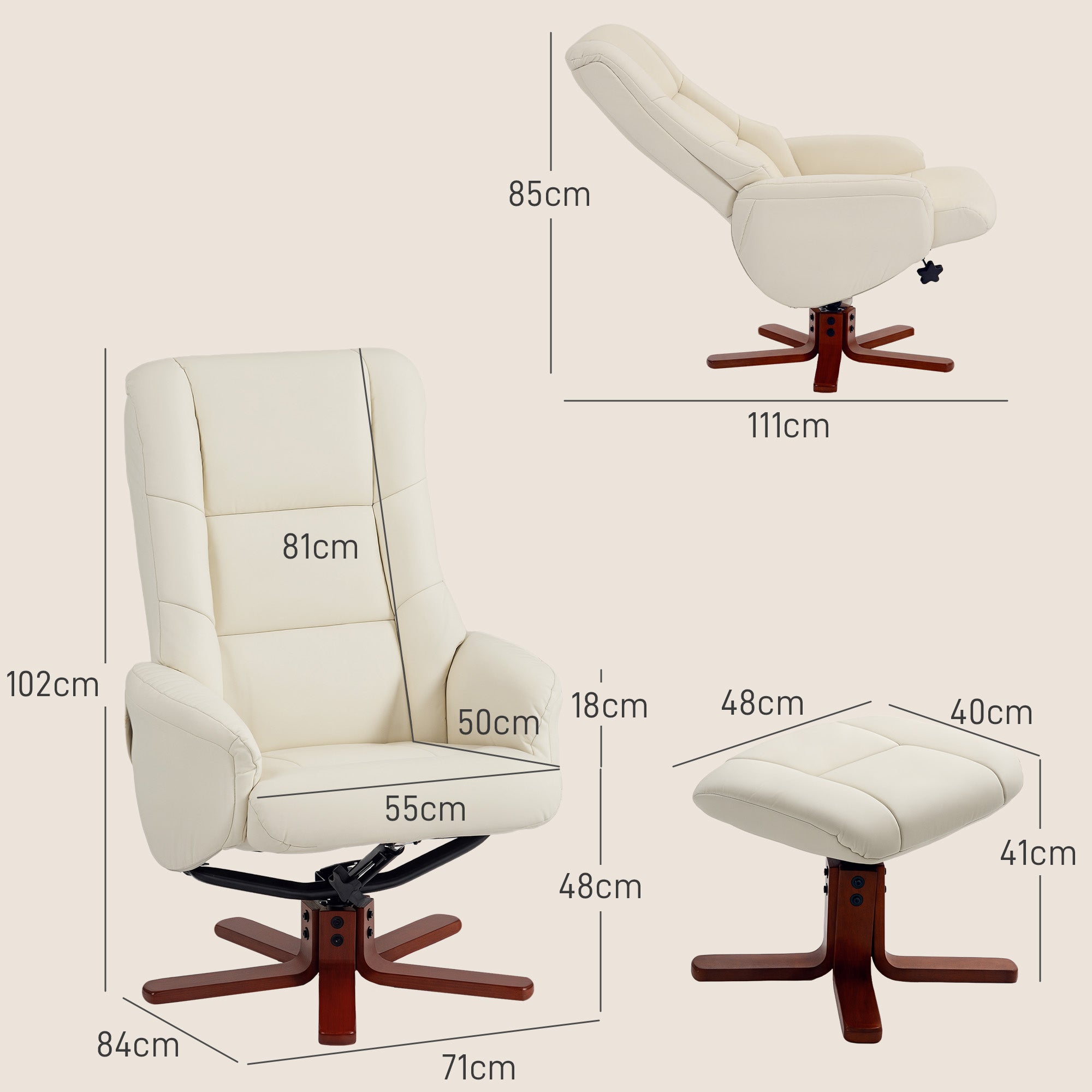 Kozy - Rocking Recliner Chair with Footstool, PU Leather Recliner Armchair with Wood Base, Upholstered Reclining Chair for Living Room Bedroom, Cream