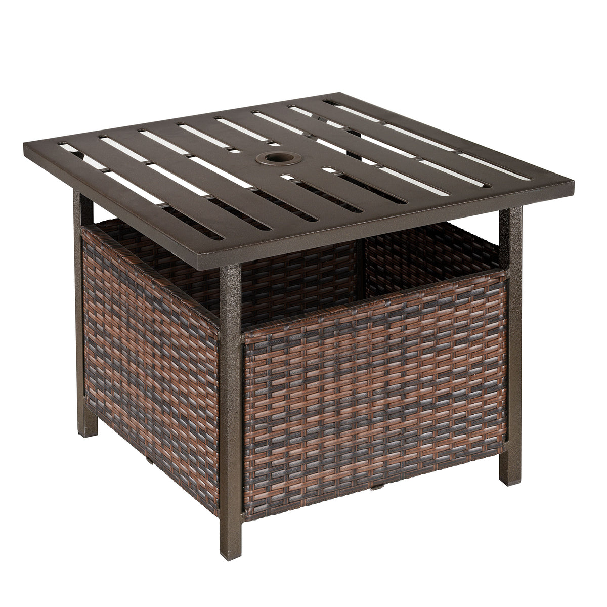 Kozy Rattan Garden Coffee Table, 55.5 cm Square Wicker Patio Side Coffee Table with 4 cm Umbrella Hole, Metal Bottom and Slatted Top for Outdoor, Balcony, Brown