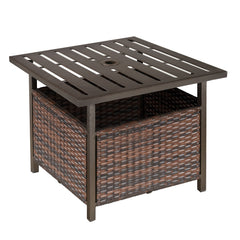 Kozy Rattan Garden Coffee Table, 55.5 cm Square Wicker Patio Side Coffee Table with 4 cm Umbrella Hole, Metal Bottom and Slatted Top for Outdoor, Balcony, Brown