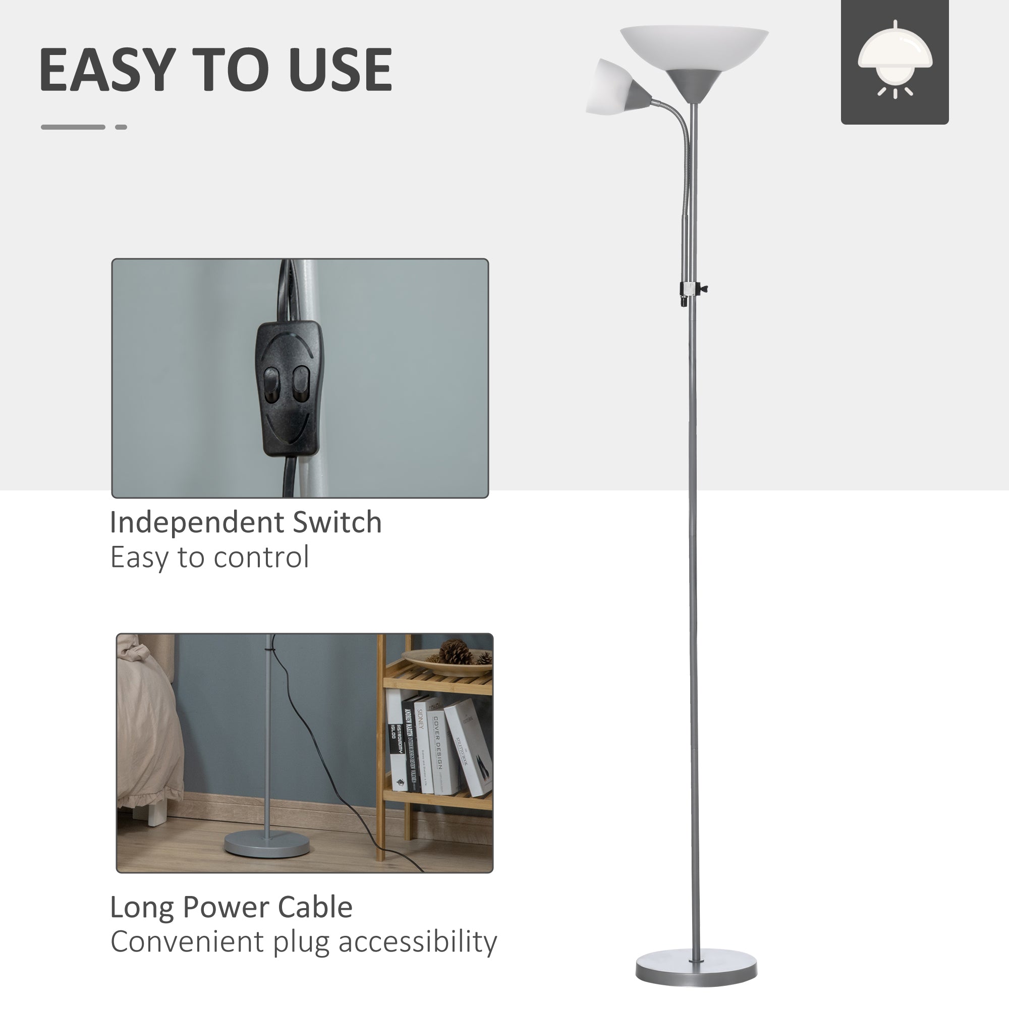Kozy LED Floor Lamp for Living Room, 180cm Tall Standing Lamp, Mother and Child Uplighter with Adjustable Gooseneck, Silver Tone