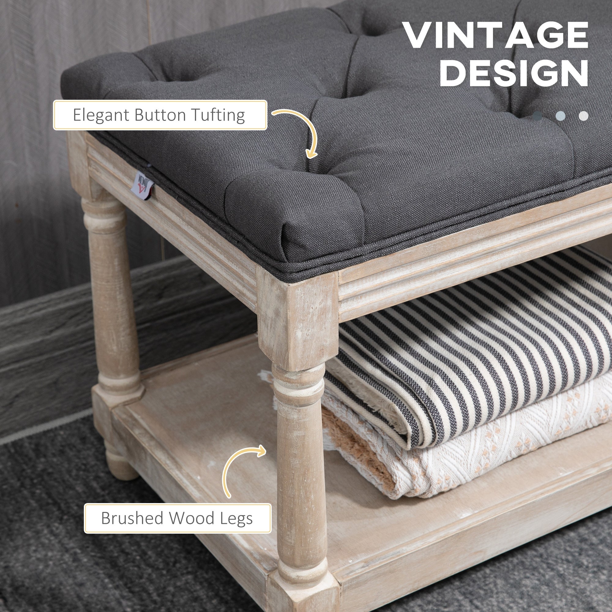 HOMCOM Hallway Haven: Vintage Shoe Bench with Tufted Cushion, 2-Tier Wooden Storage, Grey | Aosom UK