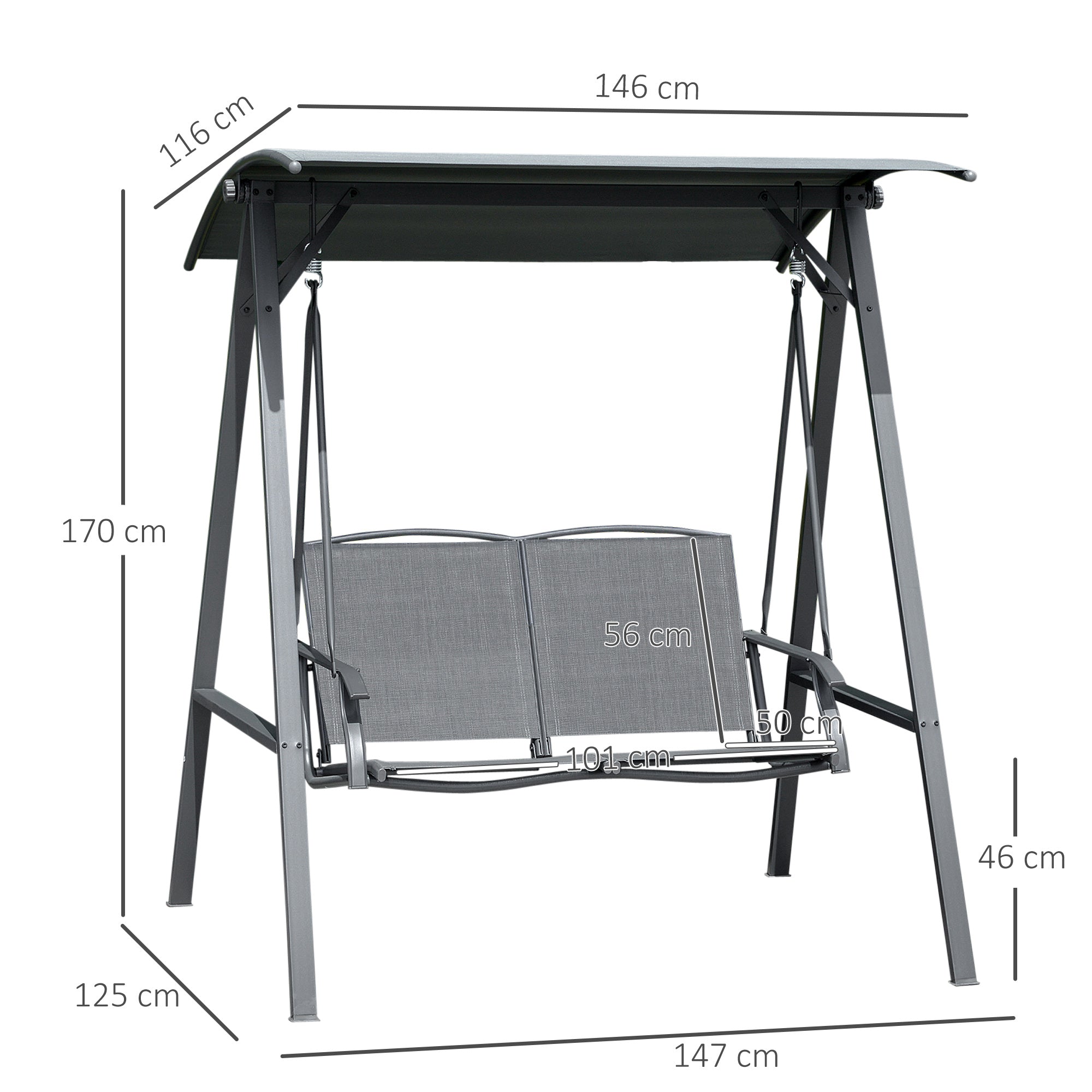 Kozy 2 Seater Garden Swing Seat Swing Chair, Outdoor Canopy Swing Bench with Adjustable Shade, Metal Frame and Texteline Seat, Dark Grey