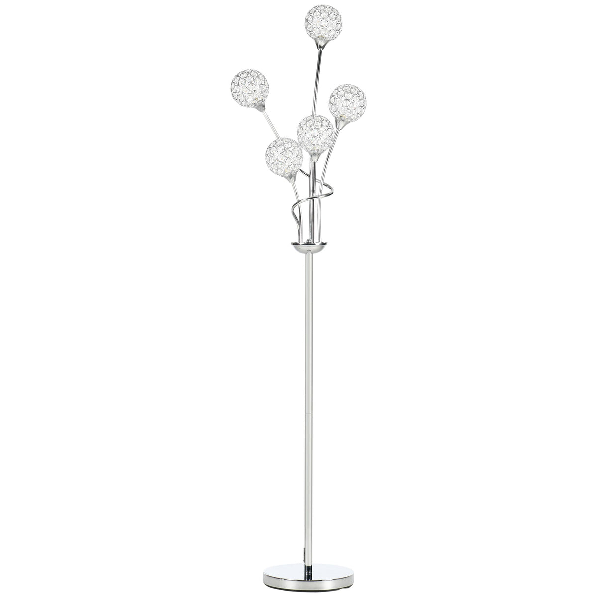 HOMCOM Crystal Floor Standing Lamp with 5-Light , Floor Lights for Living Room & Bedroom, Modern Silver Design, Silver | Aosom UK