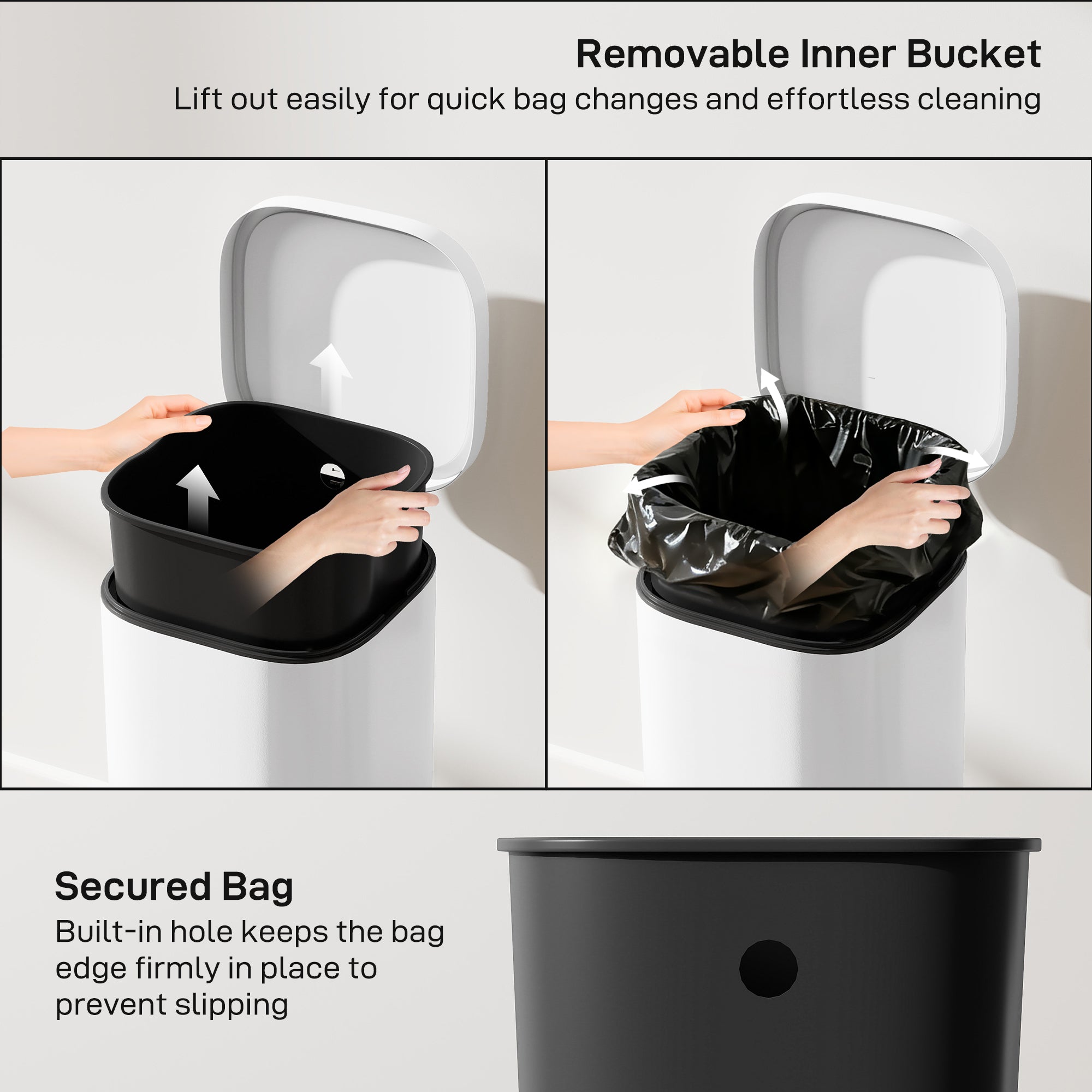 Kozy 30L Kitchen Bin, Compact Pedal Bin with Soft-Close and Stay-Open Lid, Removable Bucket for Kitchen, Home, Office, White