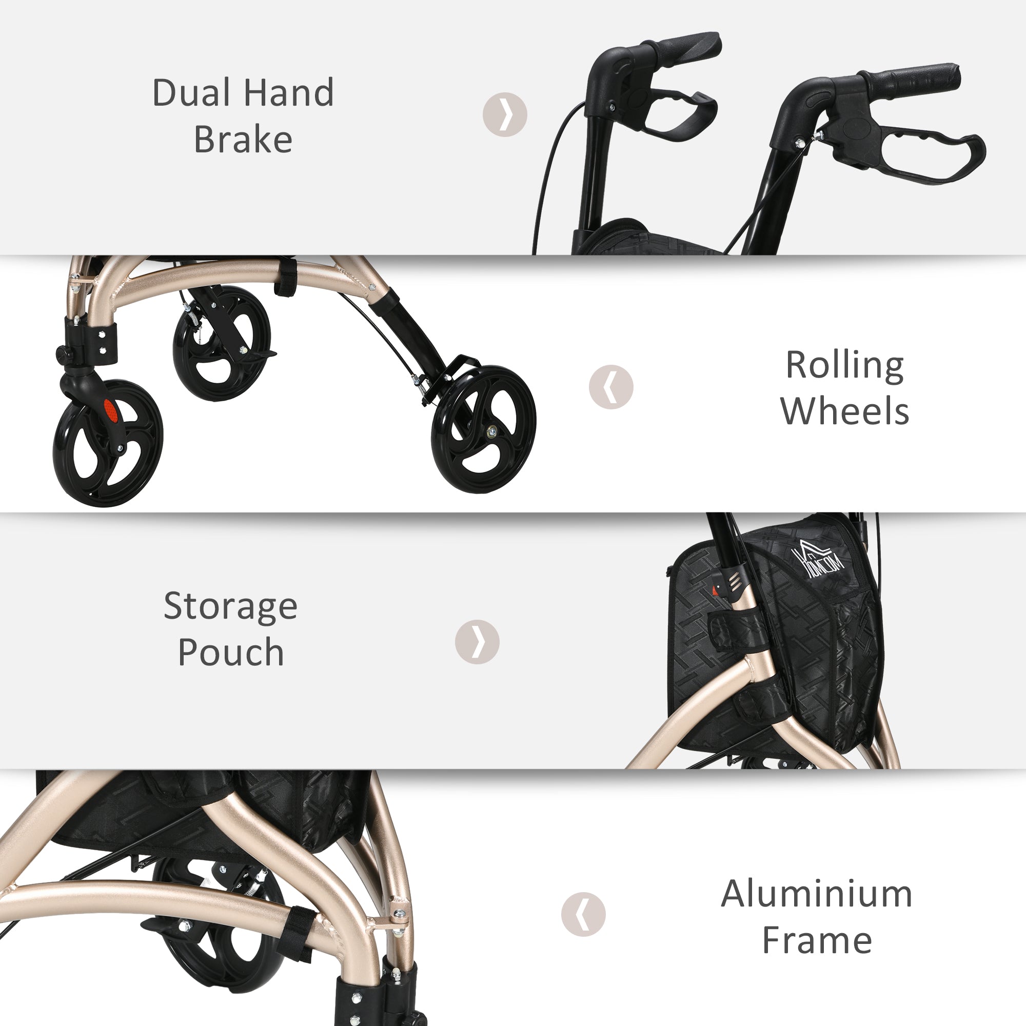 HOMCOM 3 Wheel Rollator, Lightweight Aluminium Tri Walker with Adjustable Handle, Storage Bag and Dual Brakes, Folding Mobility Walking Aid