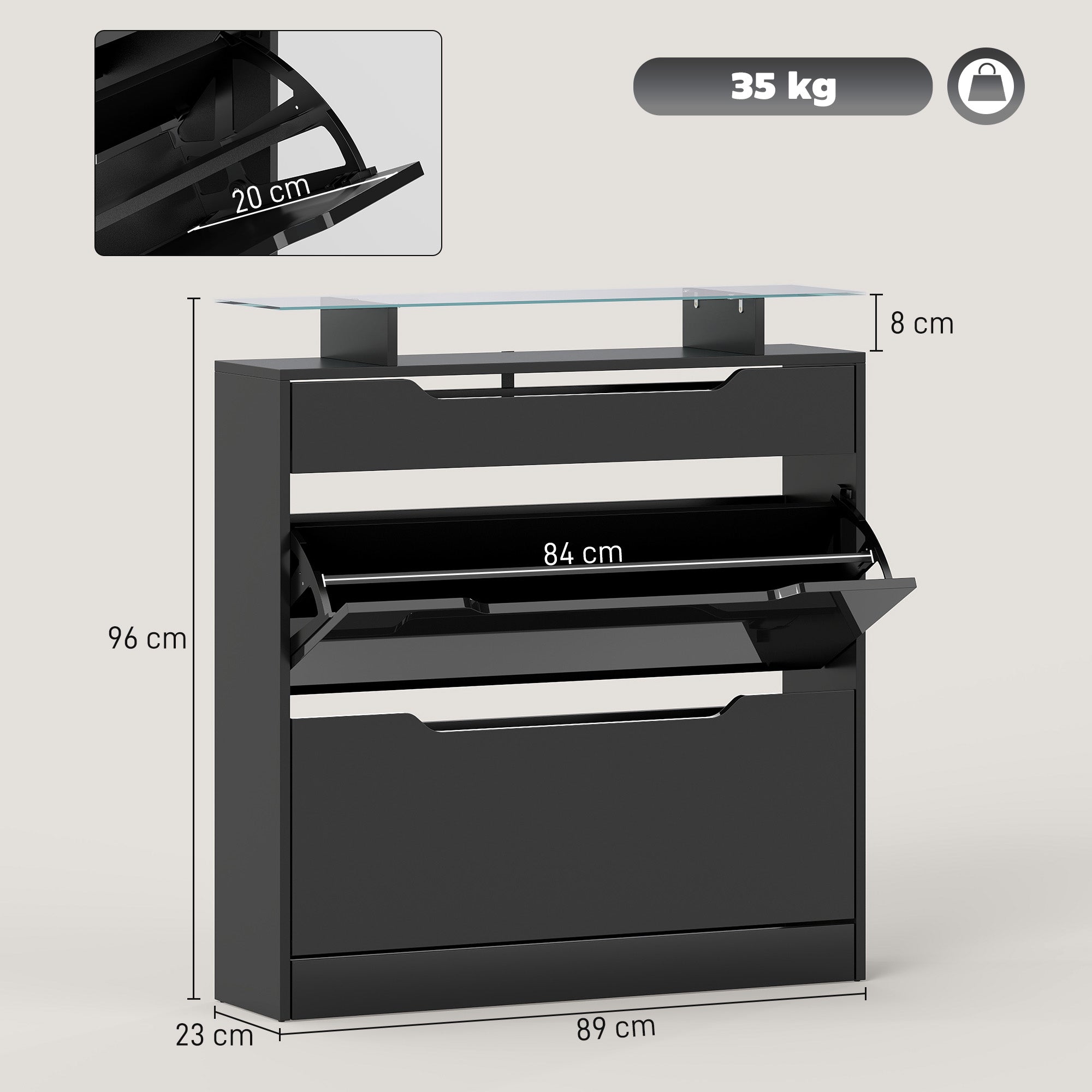 Kozy - Shoe Storage Cabinet with Slide Out Drawer, 2 Flip Doors, Tempered Glass Top - Black