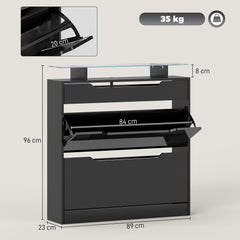 Kozy - Shoe Storage Cabinet with Slide Out Drawer, 2 Flip Doors, Tempered Glass Top - Black