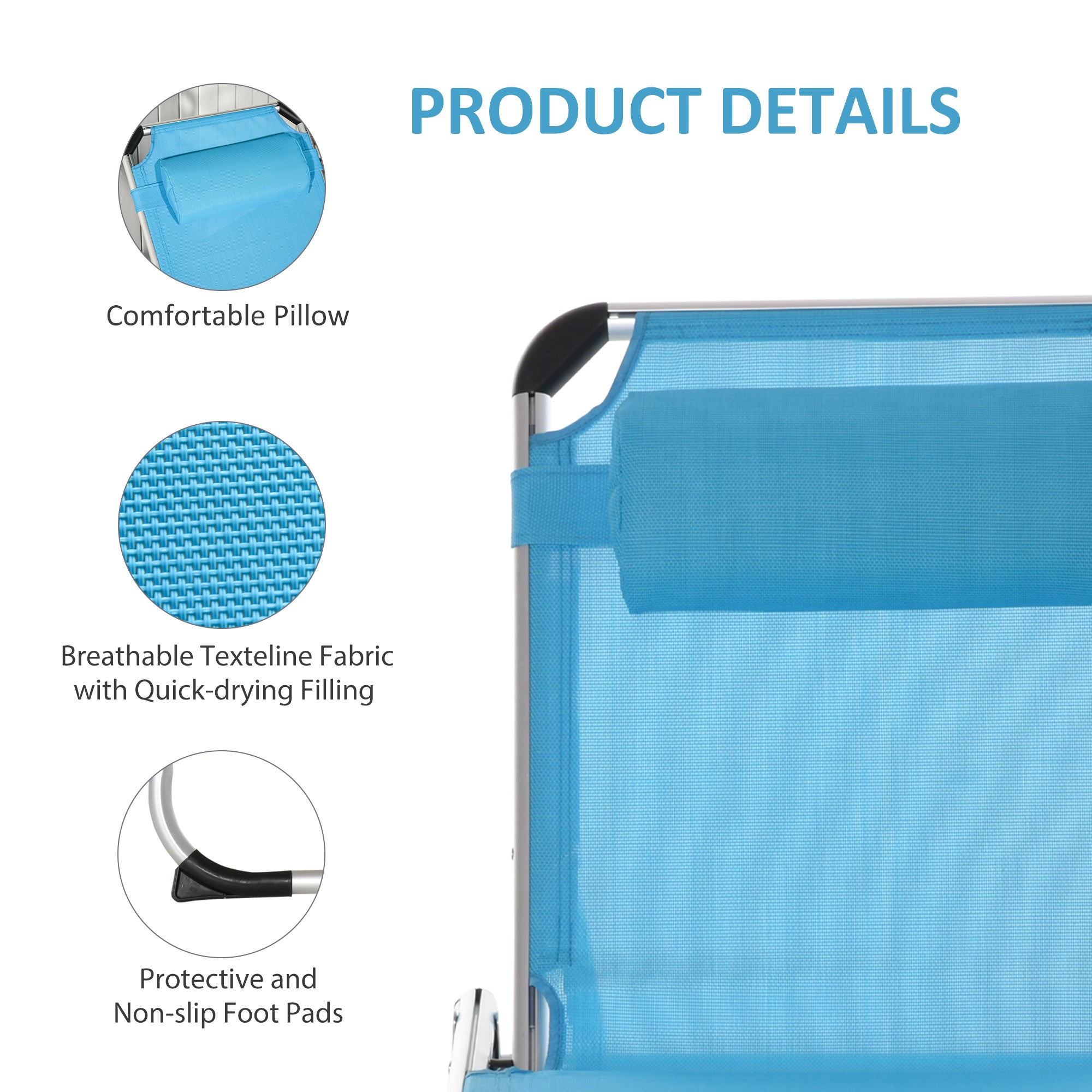 Kozy Foldable Outdoor Sun Lounger, Reclining Lounge Chair Camping Bed Cot with Pillow 4-Level Adjustable Back Aluminium Frame, Blue