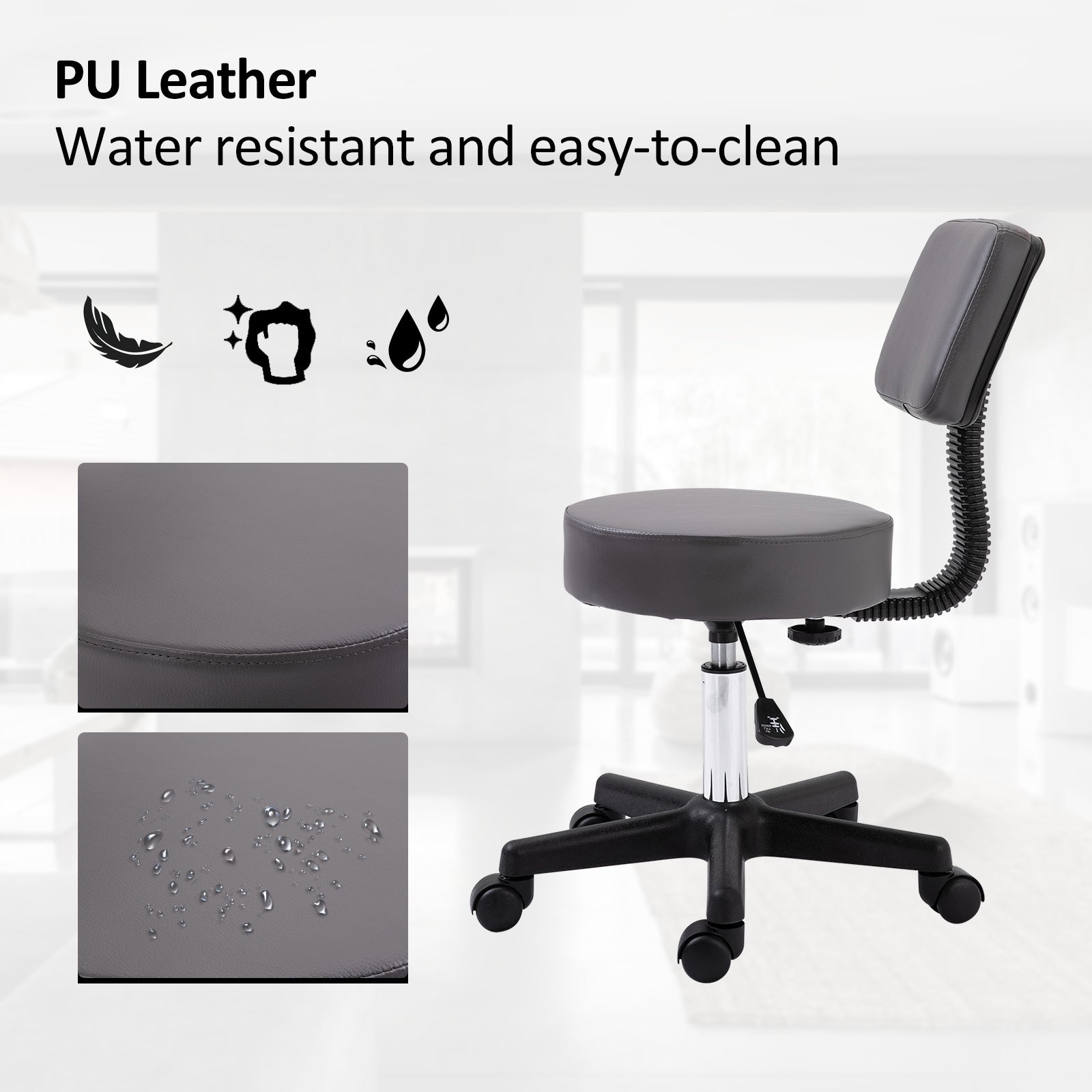 Kozy Beautician's Swivel Salon Chair w/ Padded Seat Back 5 Wheels Adjustable Height Salon Hairdressers Tattoo Spa Rolling Cushion Professional 35cm Grey