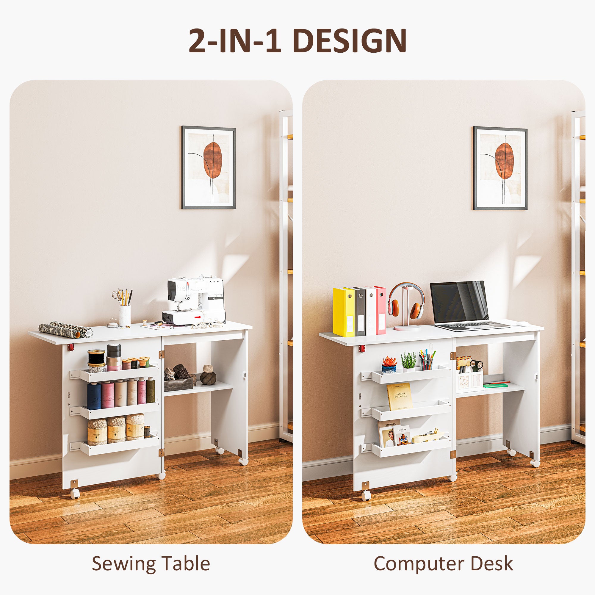 Kozy - Folding Sewing Table, Drop Leaf Craft Table with Storage Bins, Open Shelf and Wheels, Rolling Sewing Machine Cabinet Computer Desk for Small Space, White