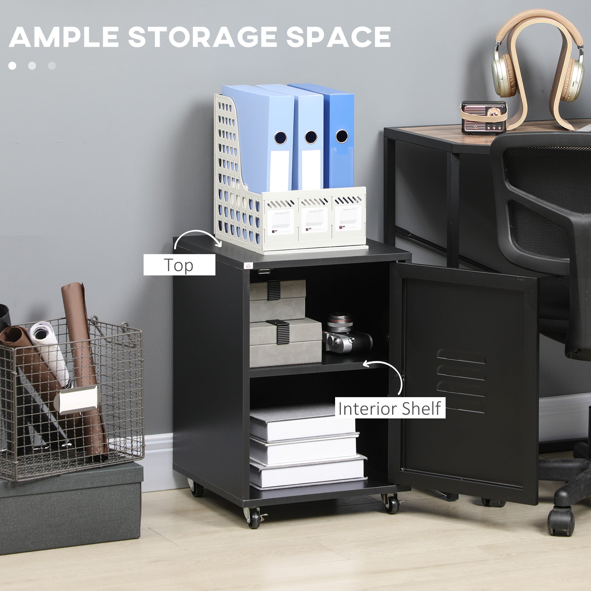 Kozy Rolling Metal Filing Cabinet, Industrial Mobile Storage Cabinet with Adjustable Shelf and Wheels for Home Office Living Room, Black