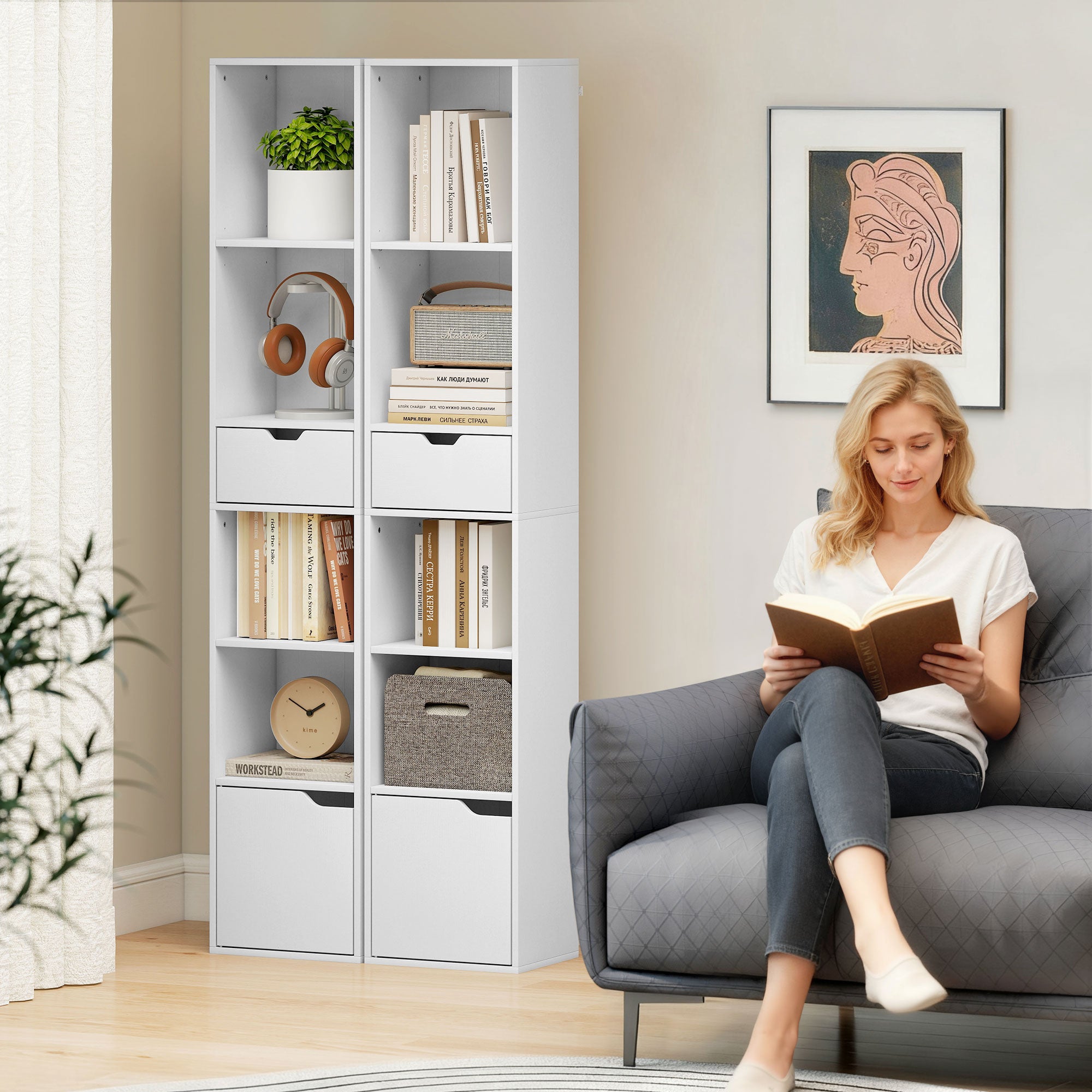 Kozy 6-Tier Bookcase, Tall Narrow Bookshelf with Drawer and Door - White