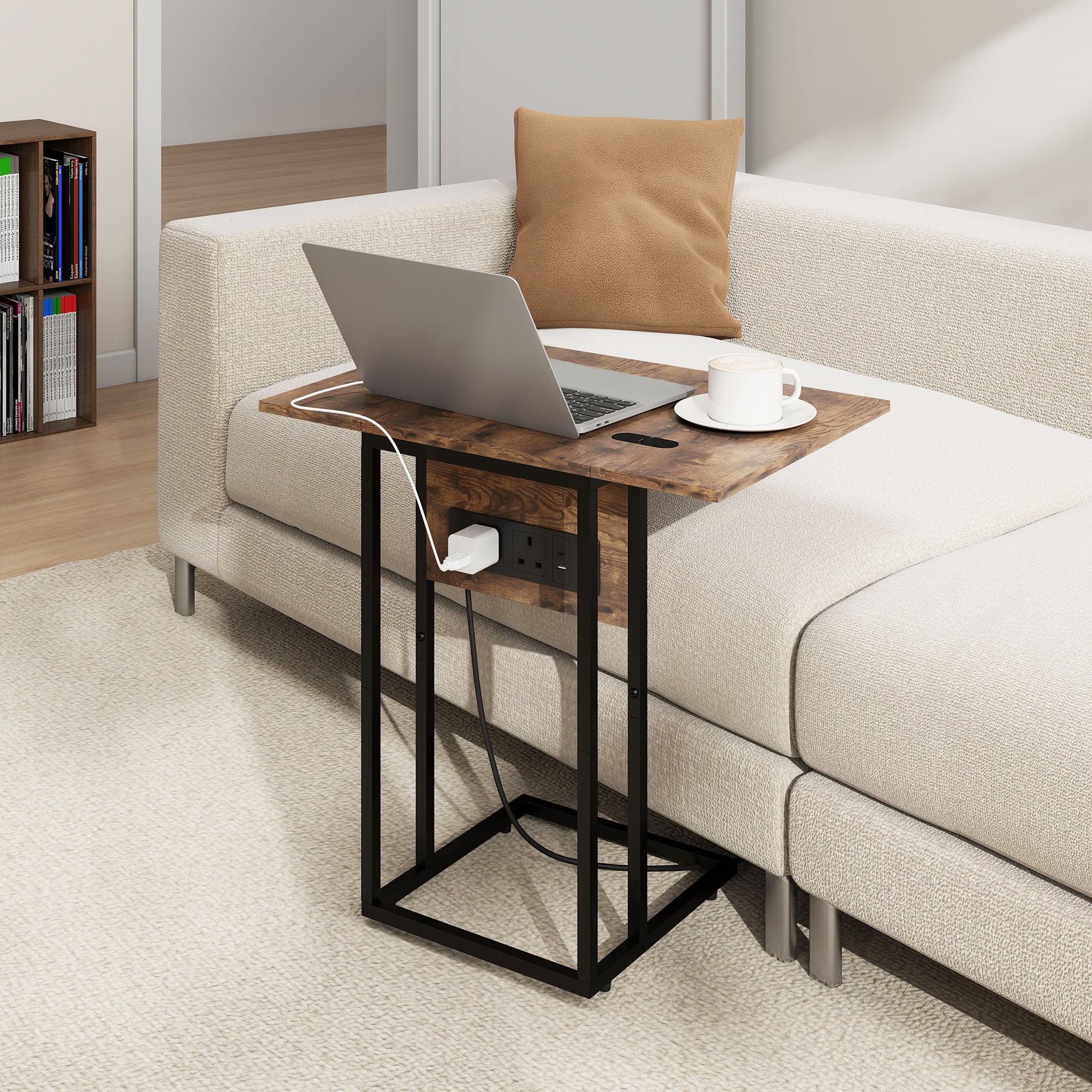 Kozy - C Shaped Side Table with Charging Station and Foldable Top - Rustic Brown