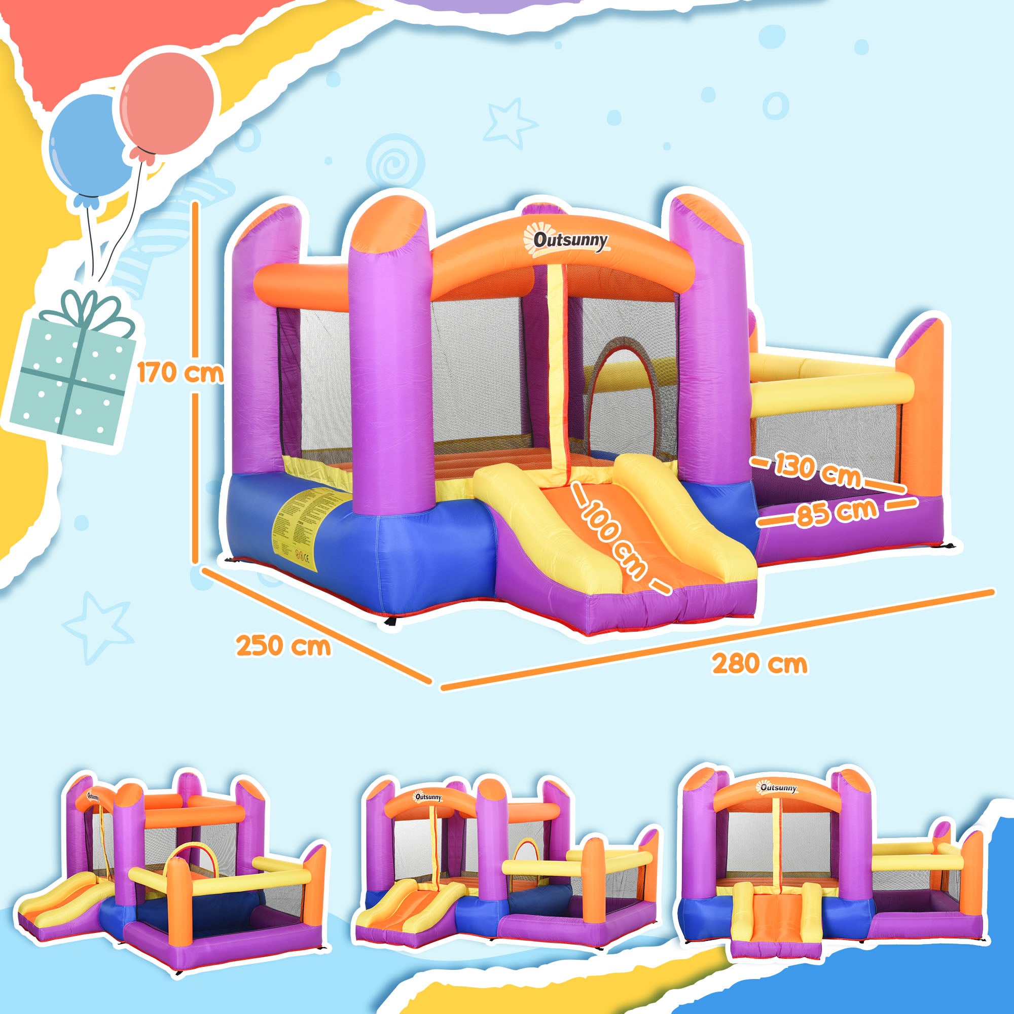 Kozy Kids Bouncy Castle House Inflatable Trampoline Slide Water Pool 3 in 1 with Blower for Kids Age 3-8 Multi-color 2.8 x 2.5 x 1.7m