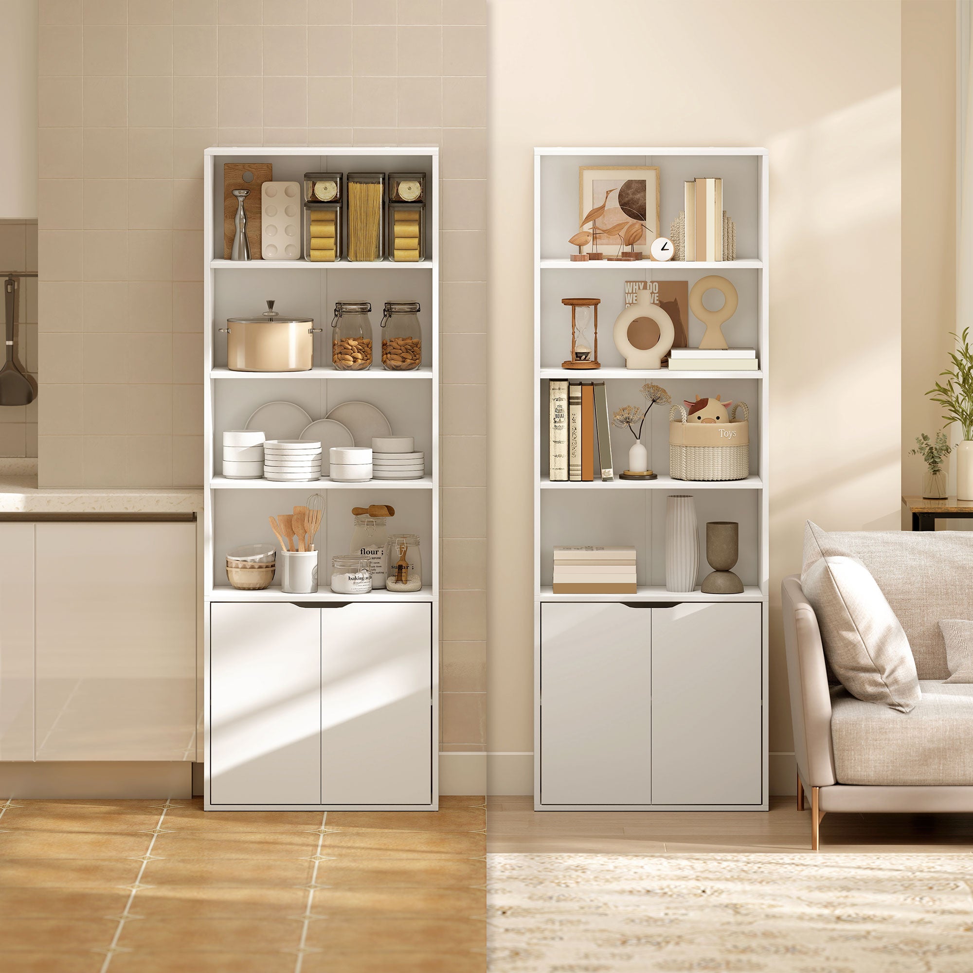 Kozy 6-Tier Tall Bookcase, Bookshelf with 4 Open Shelves and Double Door Storage Cabinet, Freestanding Display Rack for Living Room, Bedroom, Home Office, Study, 59 x 29 x 180cm, White