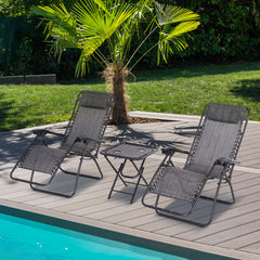 Kozy 3pcs Folding Zero Gravity Chairs Sun Lounger Table Set w/ Cup Holders Reclining Garden Yard Pool, Light Grey