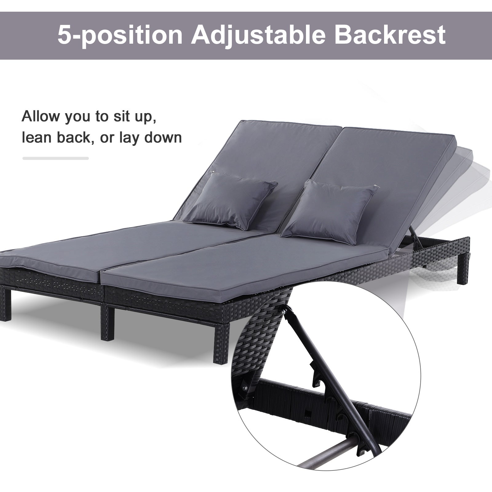 Kozy 2 Seater Rattan Lounger Adjustable Double Chaise Chair Loveseat w/ Cushion Black