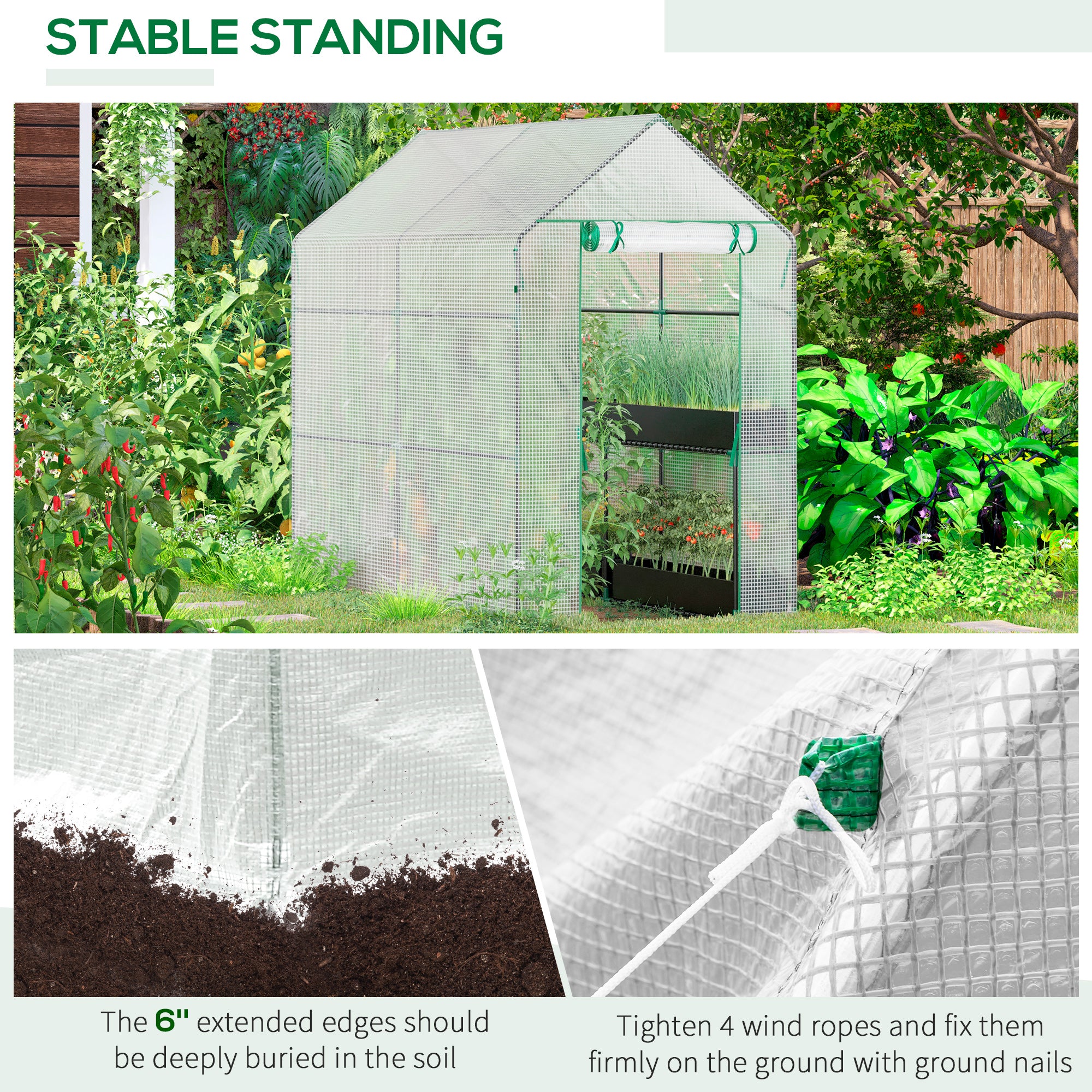 Kozy Walk In Greenhouse with 2-Tier Shelves, Roll up Zip Panel Door, Garden Polytunnel Steeple Grow House for Outdoor, 6 x 4 x 6ft White