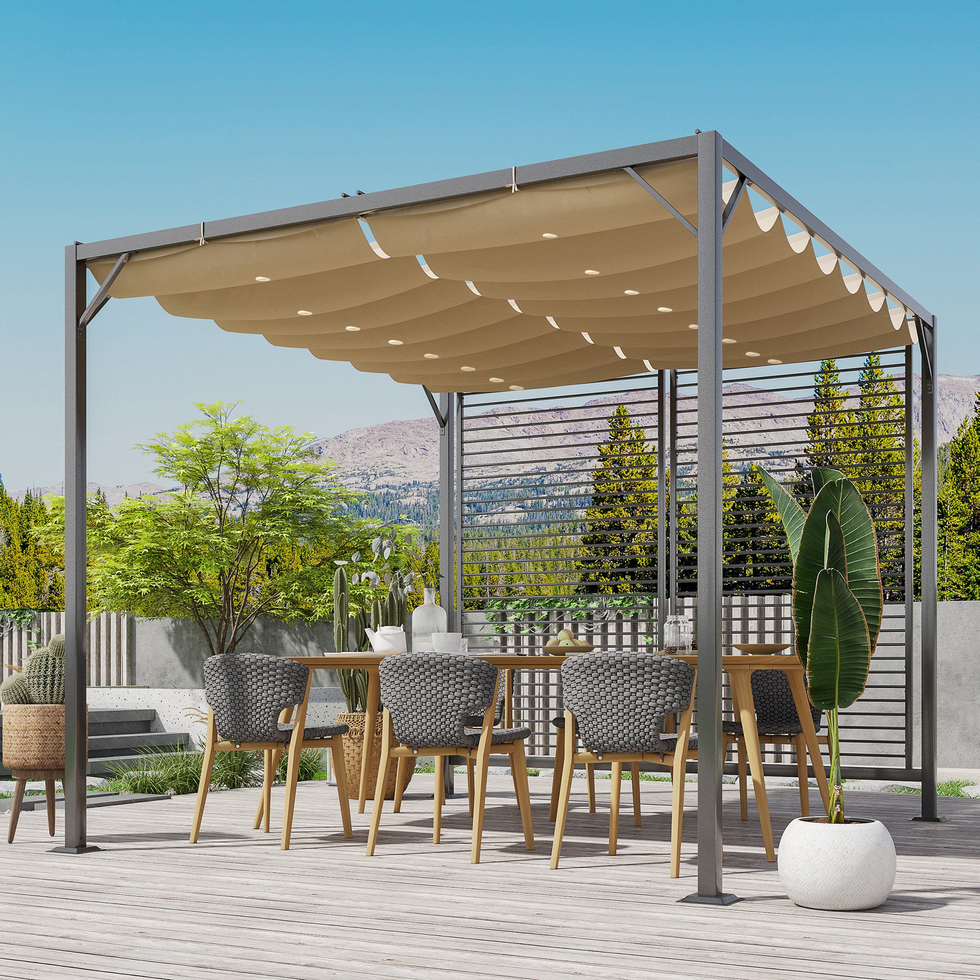 Kozy 3 x 2.8m Metal Pergola, with Retractable Fabric Roof - Beige