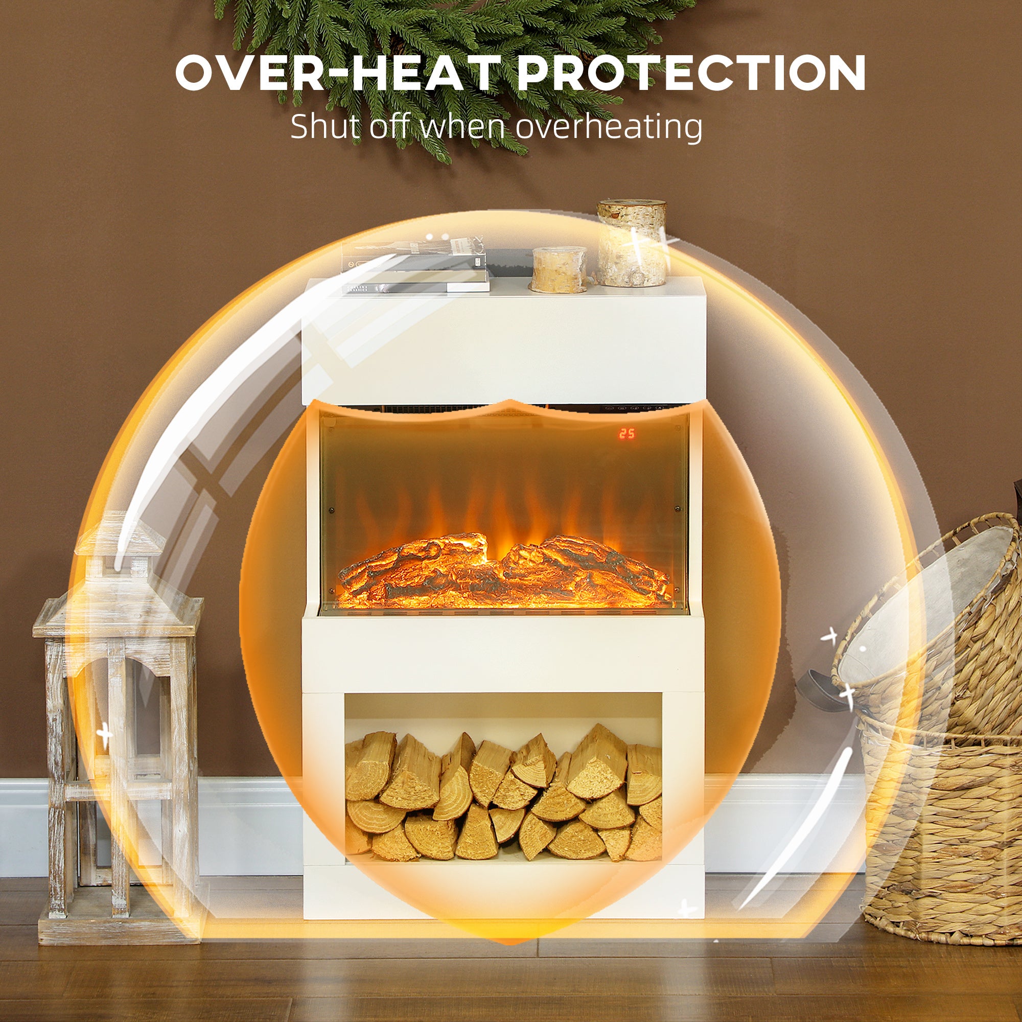 Kozy - Electric Fireplace with 3D Flame Effect, 6 Colours & 3 Brightness Levels, 1000W/2000W White Electric Fire and Mantel Reach up to 30㎡ Space with Remote & Timer, 3 Sided View for Living Room