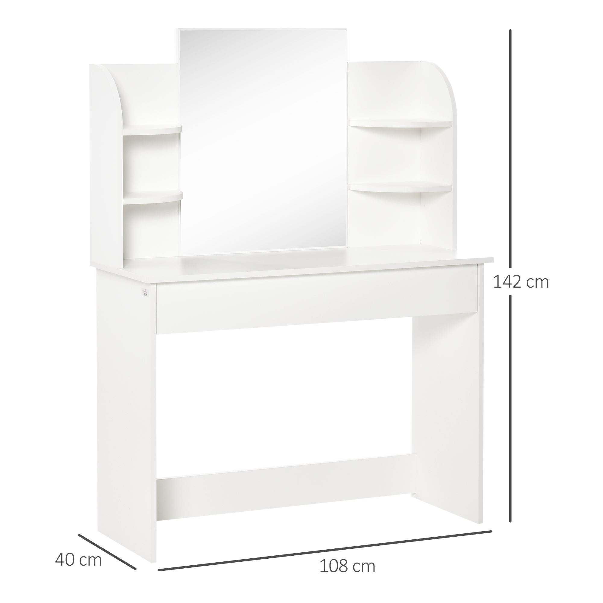 Kozy Modern Dressing Table Writing Desk W/ Mirror, Big Drawers, 2-Tier Open Shelf For Home Bedroom White