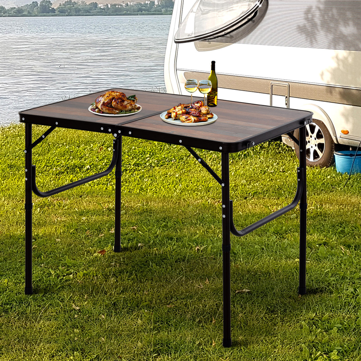 Outsunny Folding Camping Table, 3ft Height Adjustable, MDF, Portable for Outdoor Activities, Cream.