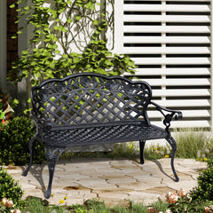 Outsunny Cast Aluminium Garden Bench Outdoor Patio 2 Seater High Back Chair Armrest Antique Style Black