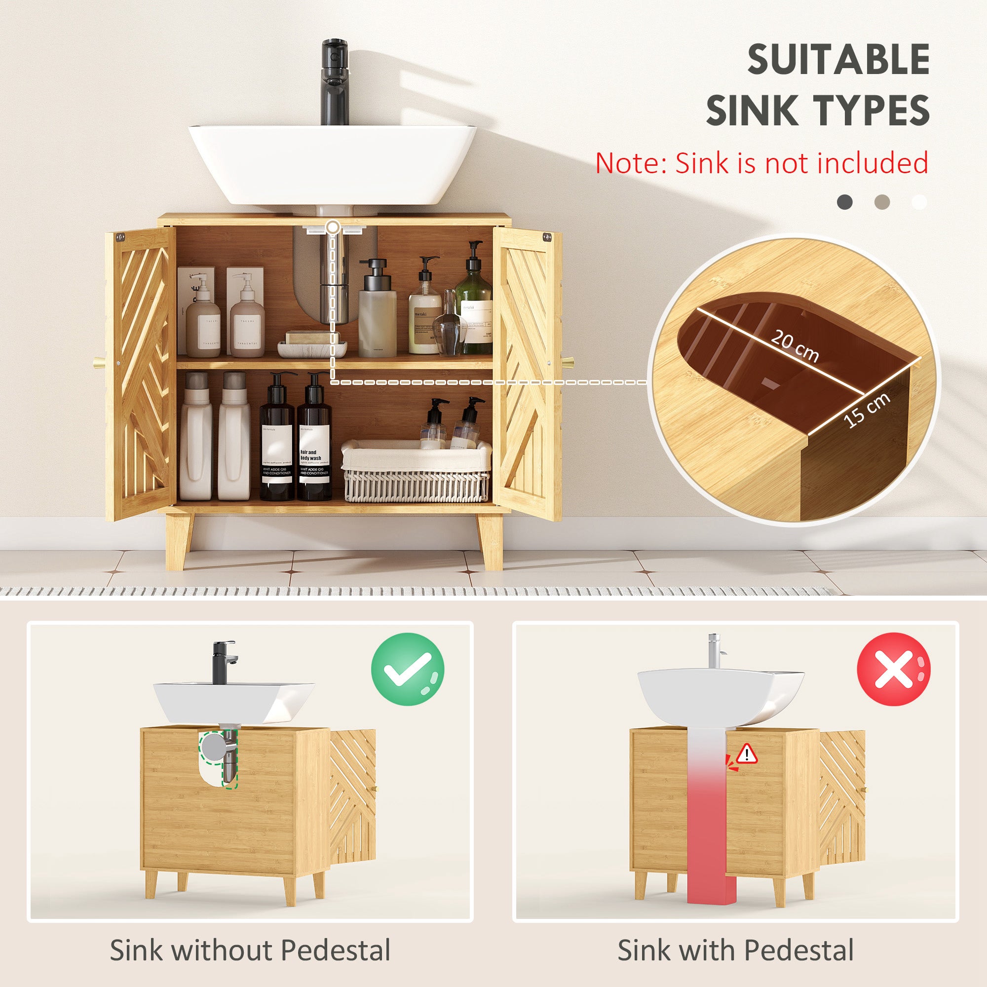 Kozy - Bamboo Bathroom Under Sink Cabinet with Adjustable Shelf for Basin without Pedestal - Natural